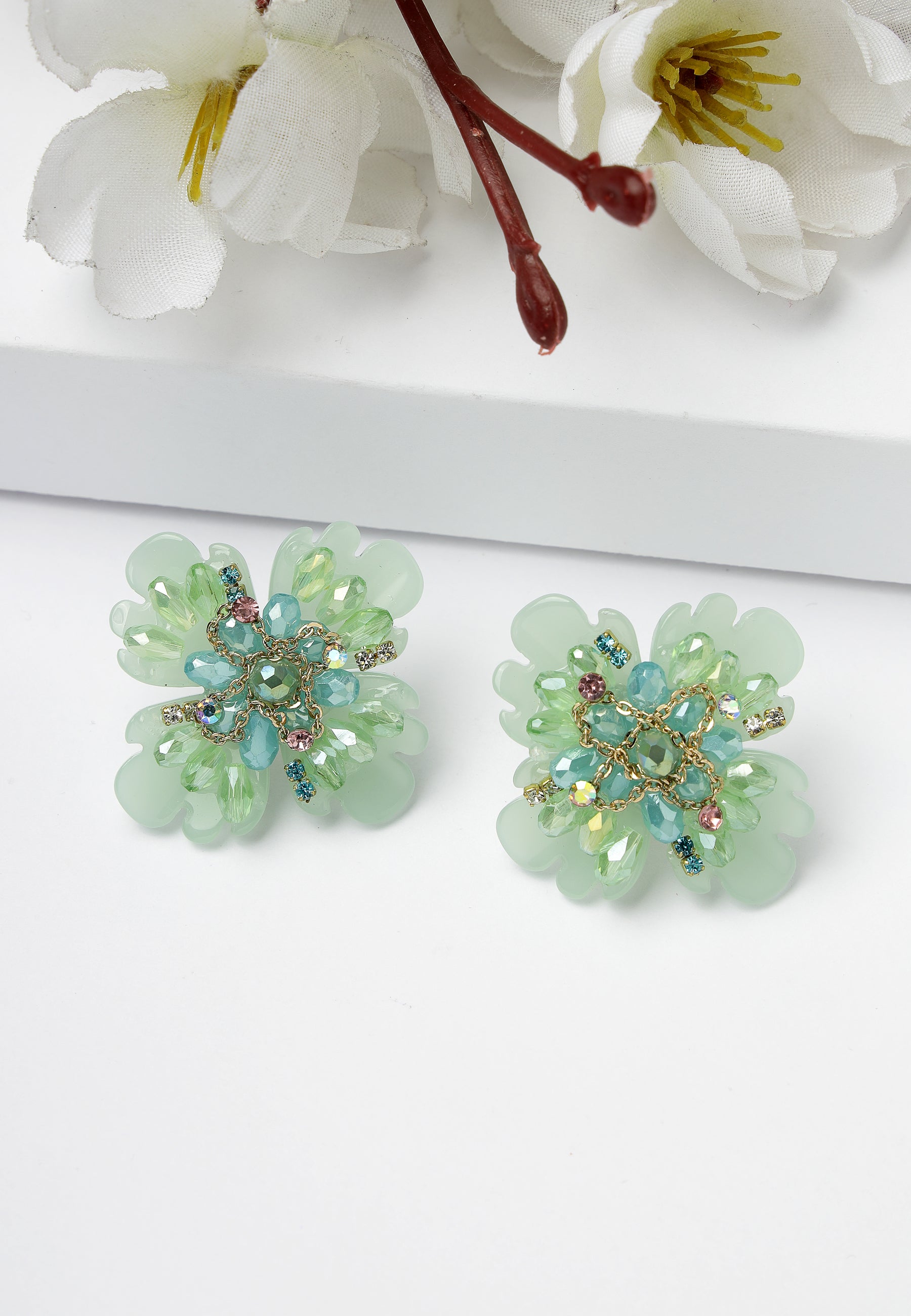 Green Petal Floral Earrings With Delicate Stone Accents