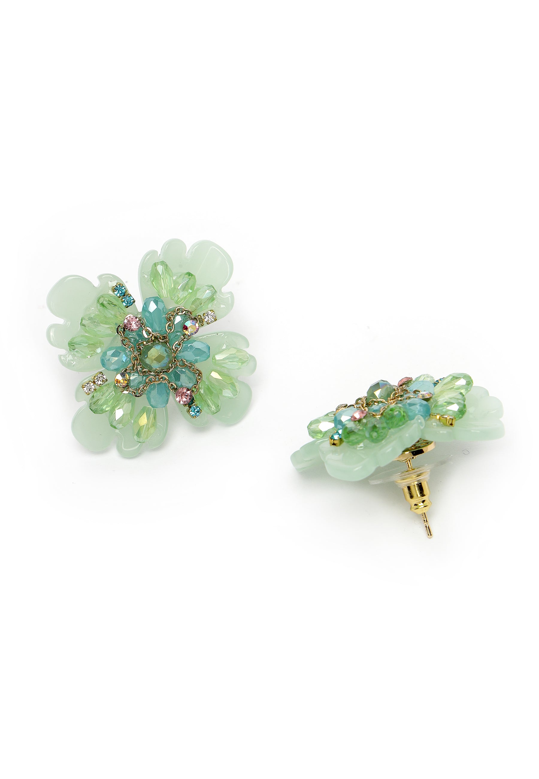 Green Petal Floral Earrings With Delicate Stone Accents