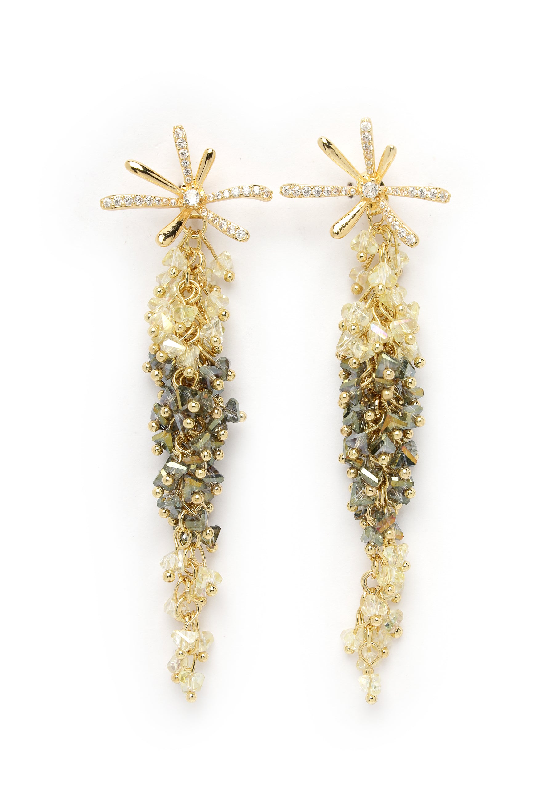 Gold-Coloured Floral Beaded Long Earrings