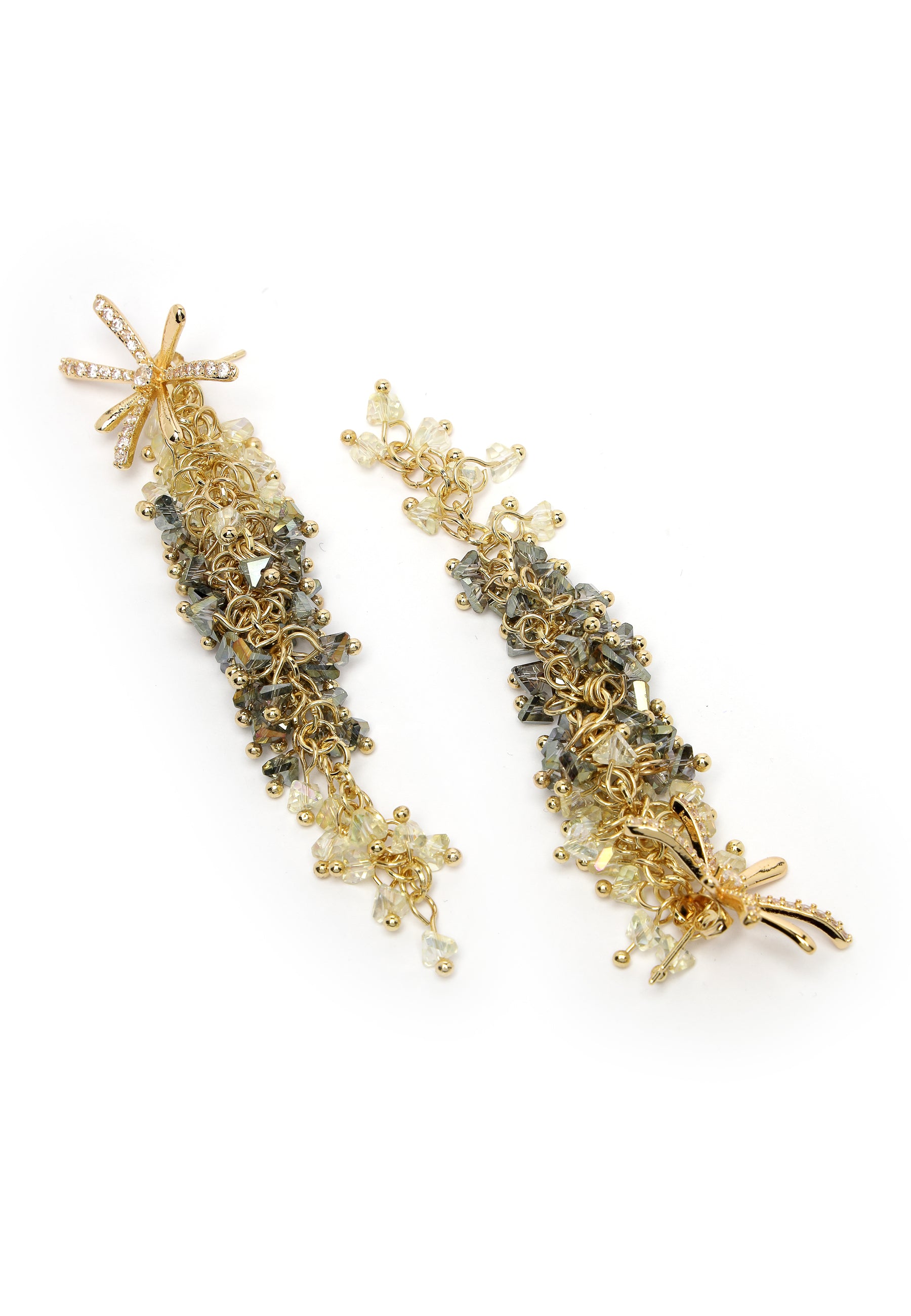 Gold-Coloured Floral Beaded Long Earrings