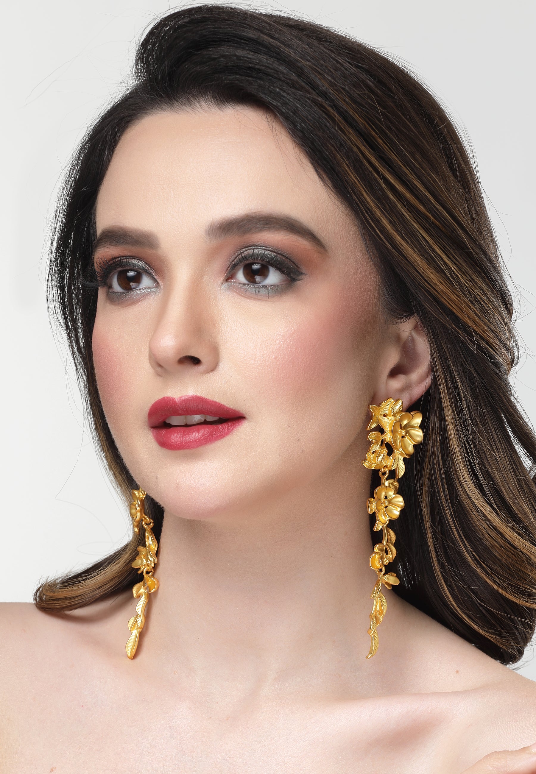 Gold-Coloured Floral Long Earrings