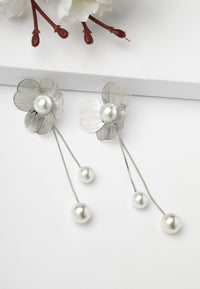 Floral Silver-Coloured Pearl Drop Earrings