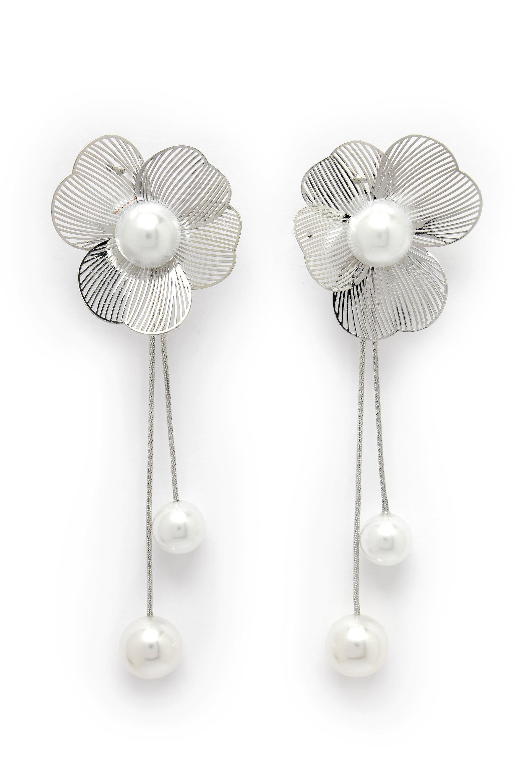 Floral Silver-Coloured Pearl Drop Earrings