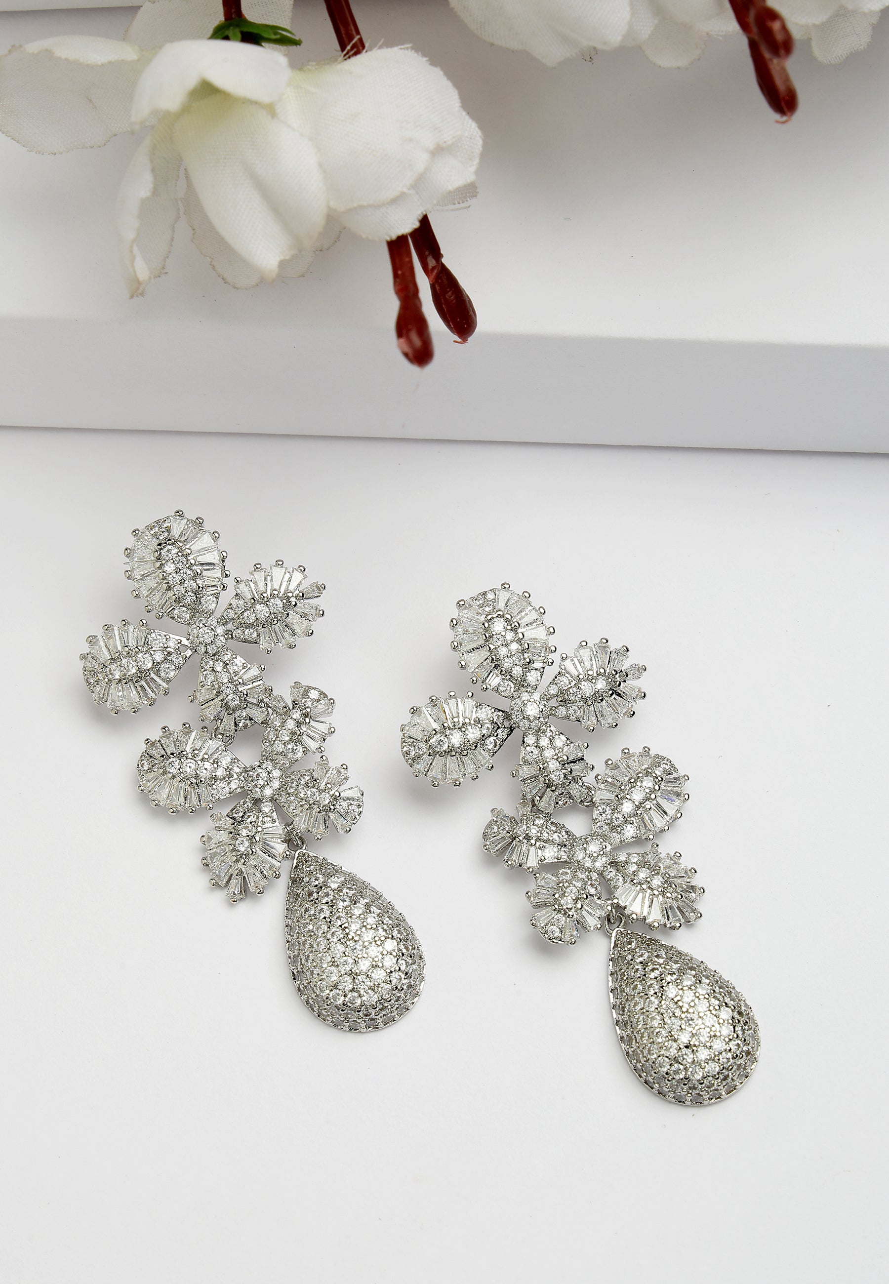 Cubic Zirconia Dual Flower Drop Earrings