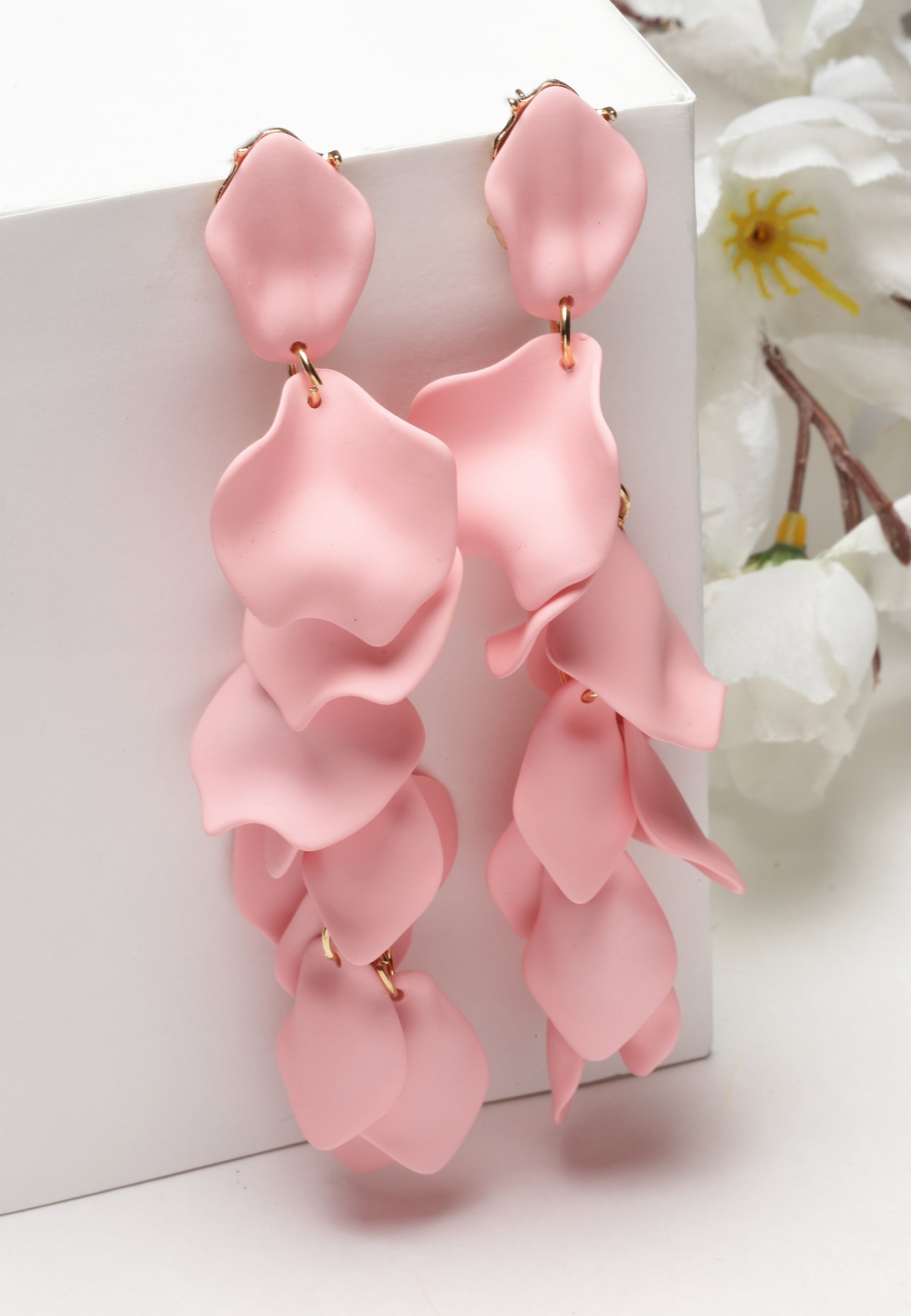 Avant-Garde Paris Light Pink Rose Petal Shaped Danglers Earrings.