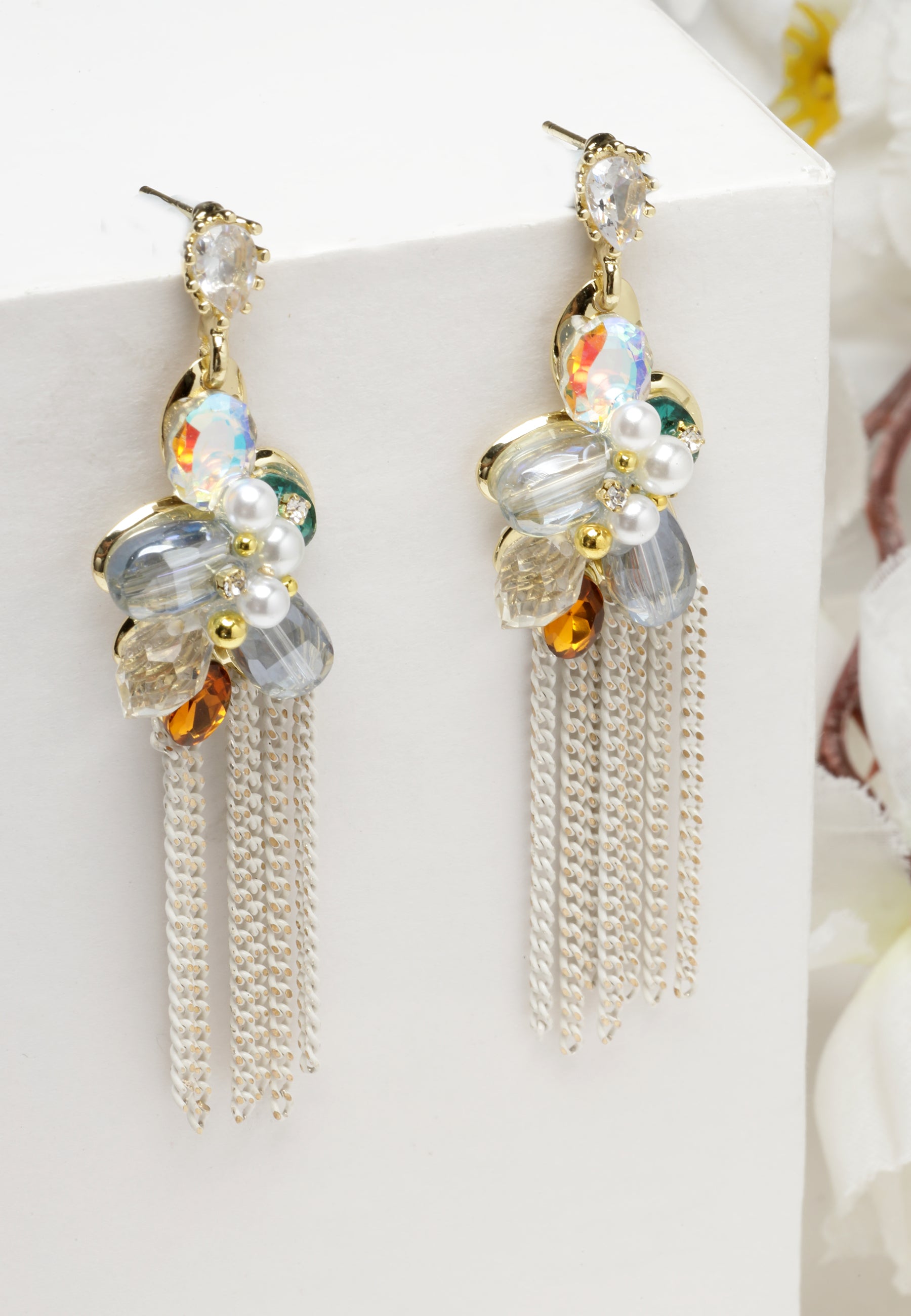 Avant-Garde Paris Multi-Colored Crystal Long Chain Dangler Earrings