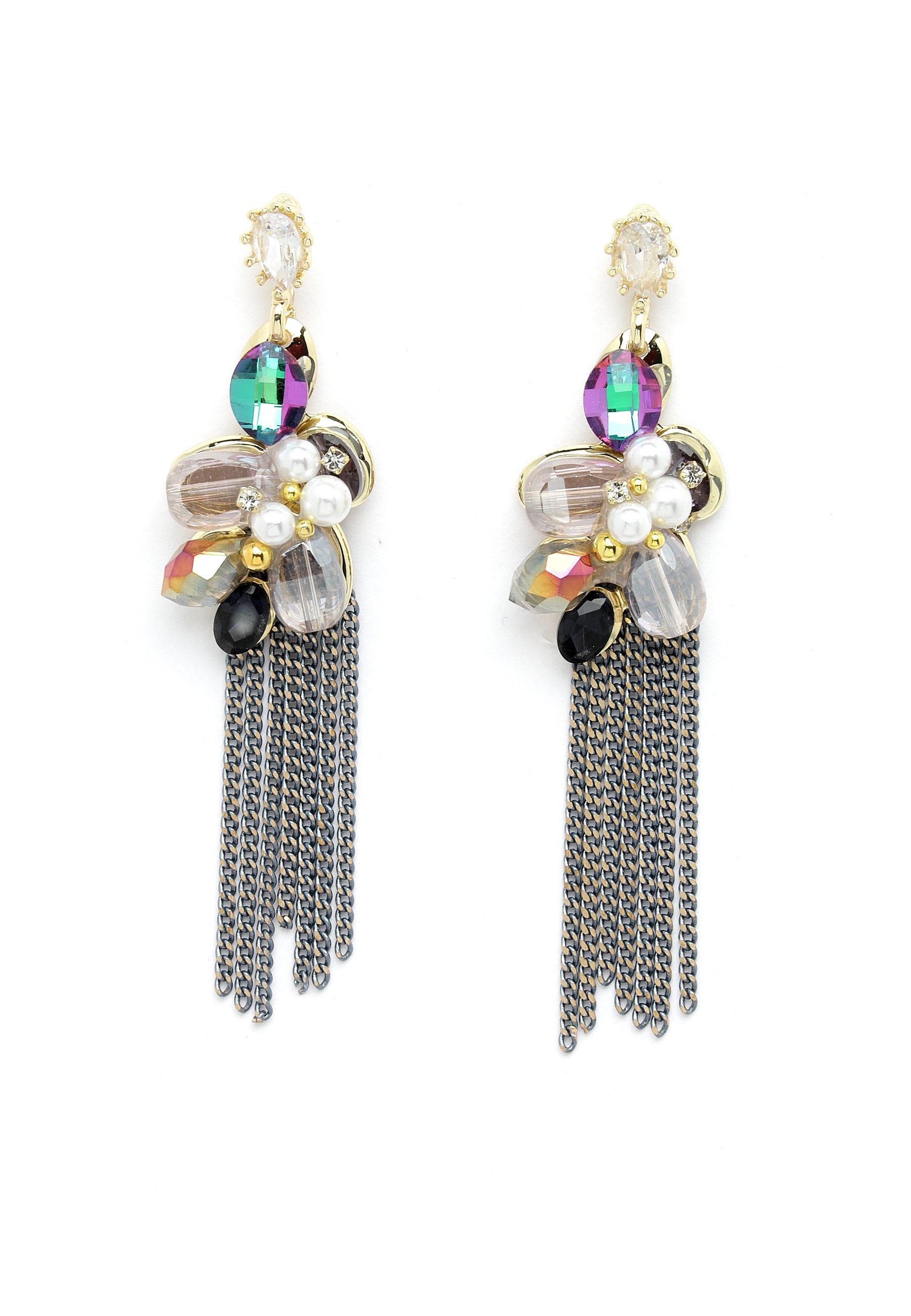 Multi-Coloured Crystal Long Chain Dangler Earrings