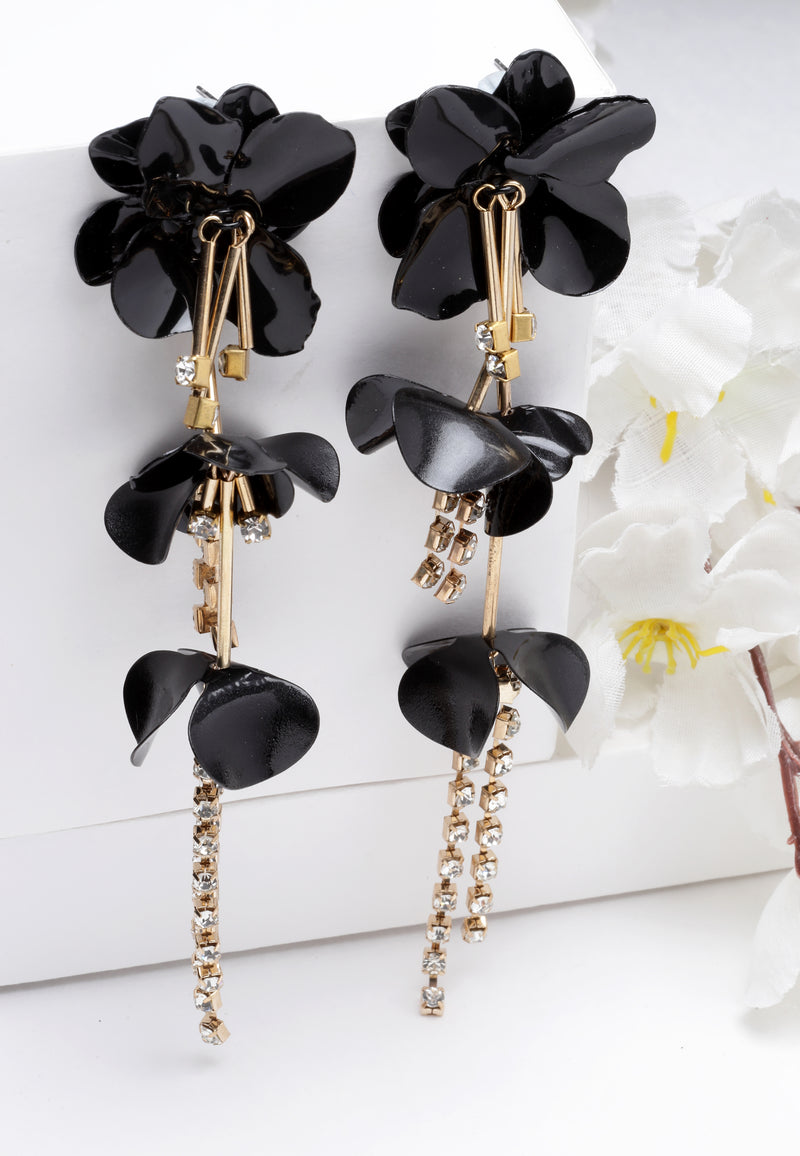 Long Black Floral Earrings