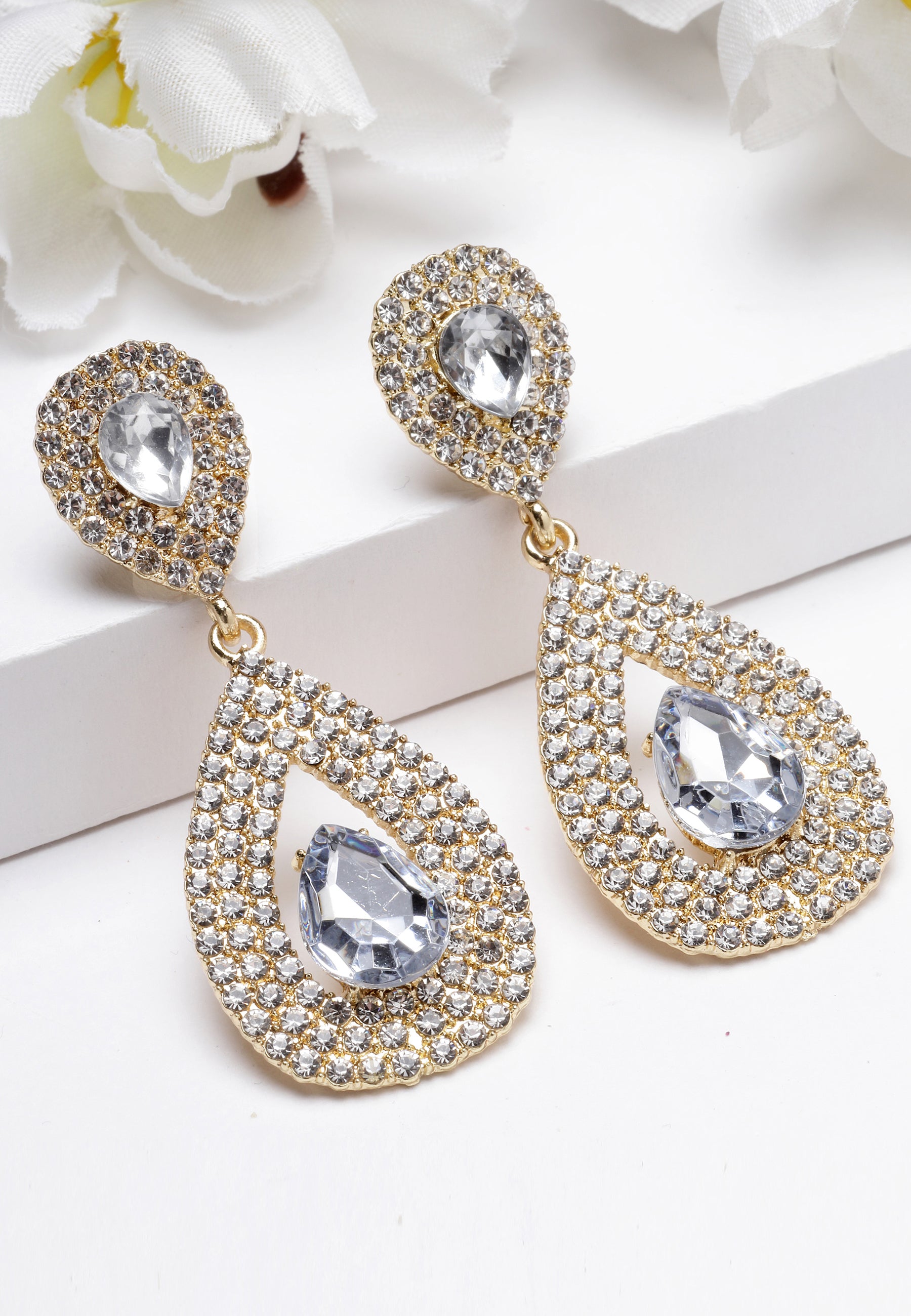 Gold-Colored Water Droplet Crystal Earrings