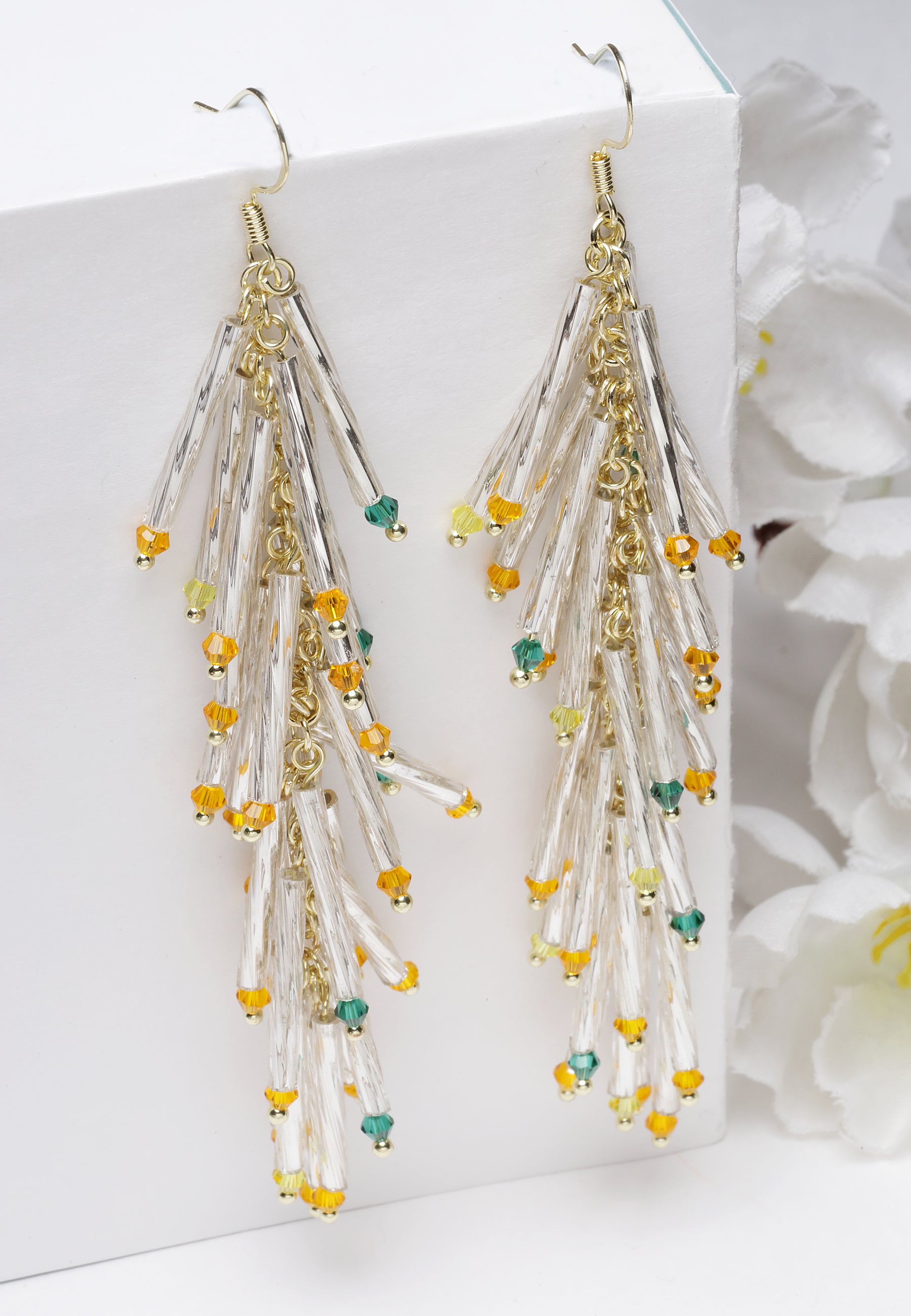 White Beads Tassle Earrings