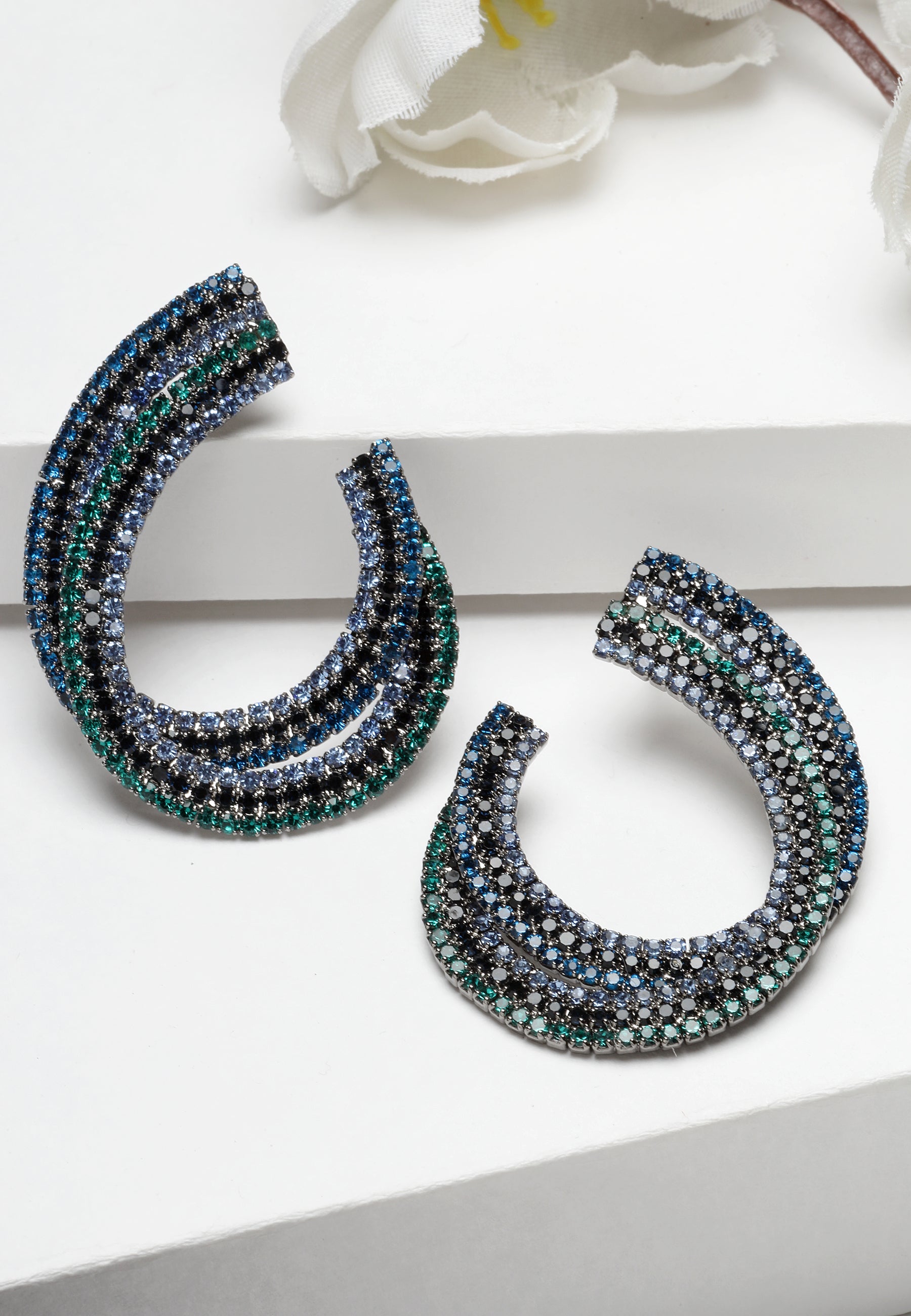 Blue Eclipse-Shaped Crystal Studded Earrings
