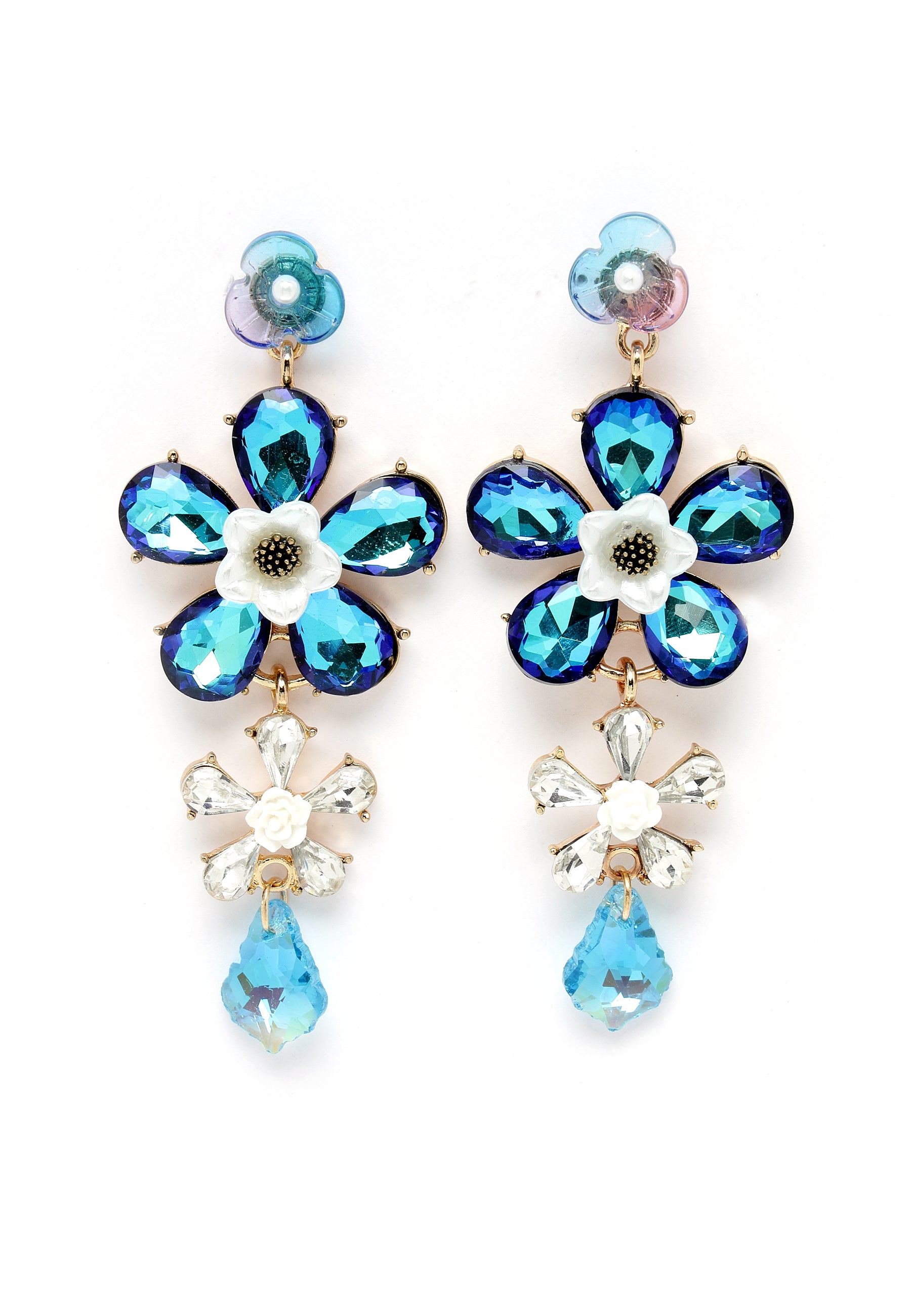 Boucles d'oreilles pendantes en forme de fleur bleue