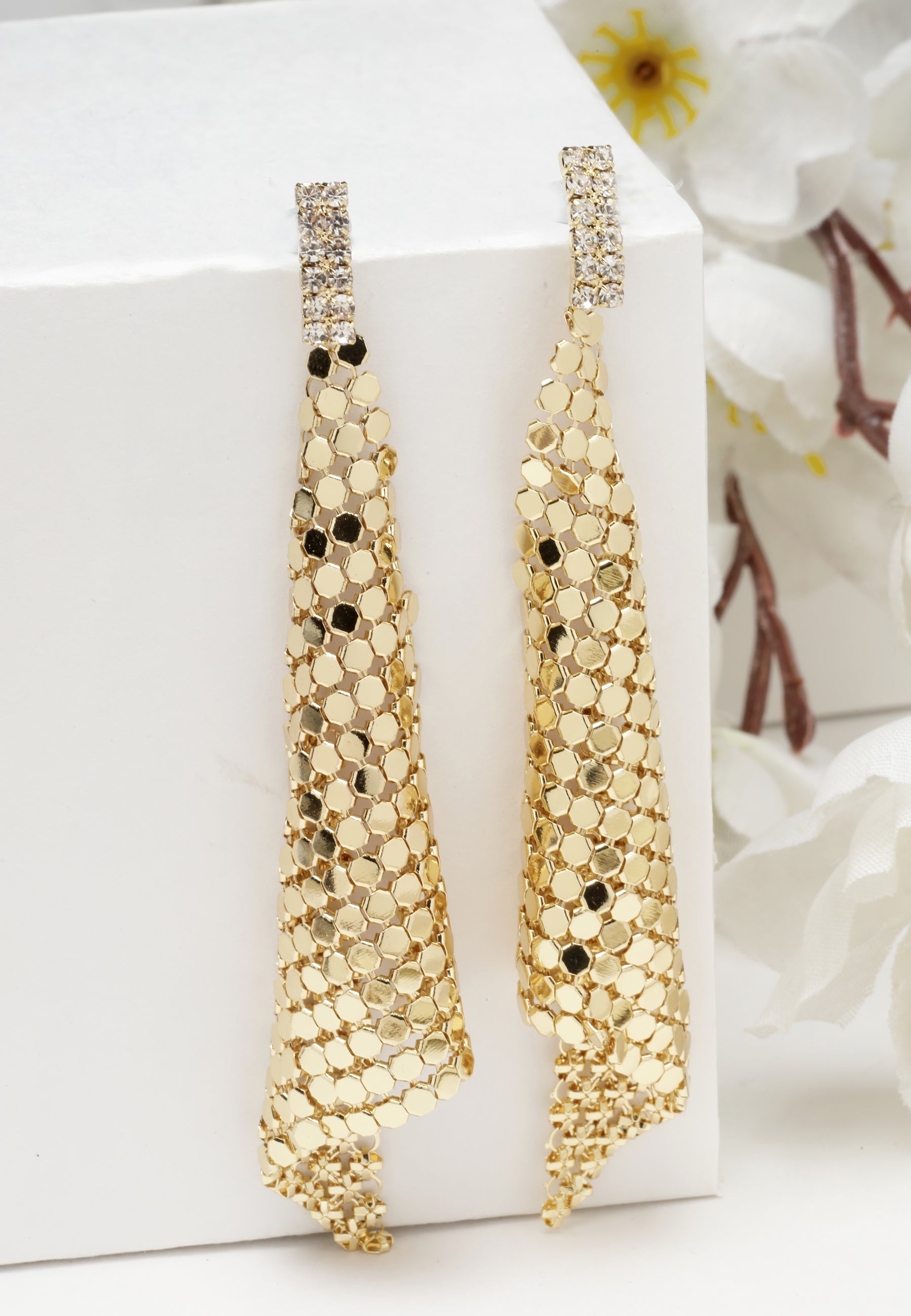 Avant-Garde Paris Glimmering Gold Mesh Crystal Earrings