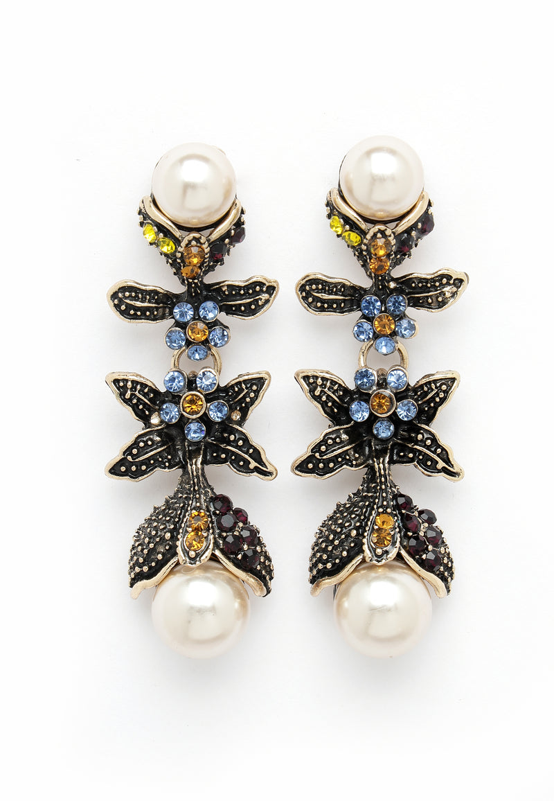 Boucles d'oreilles pendantes en forme de fleur de perles noires d'inspiration vintage