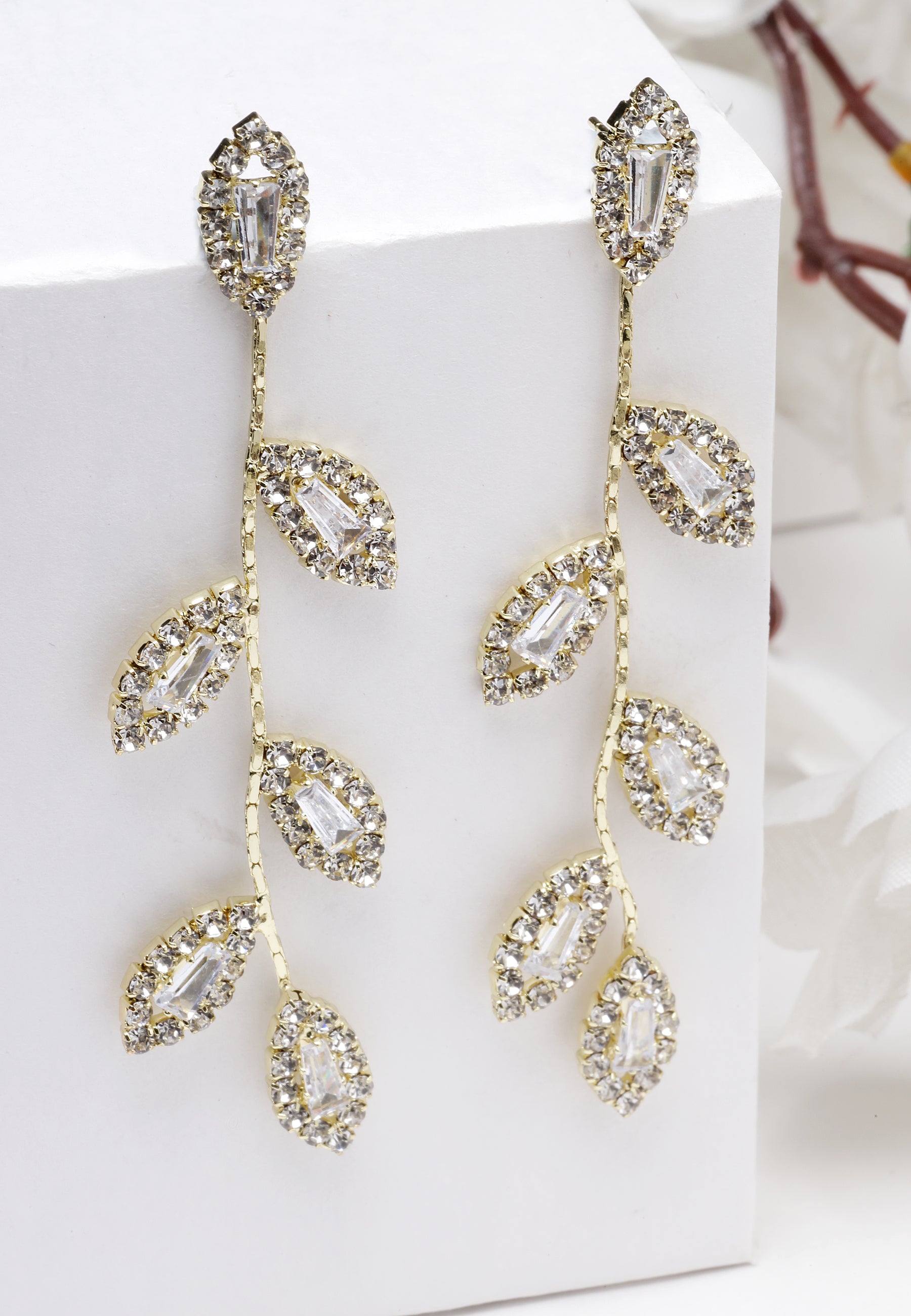 Avant-Garde Paris Gold-Colored Crystal Leaf Drop Earrings