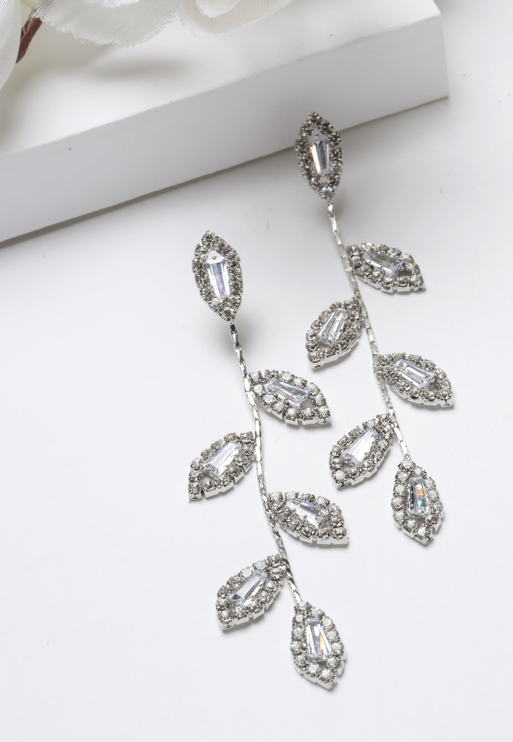 Avant-Garde Paris Silver-Colored Crystal Leaf Drop Earrings