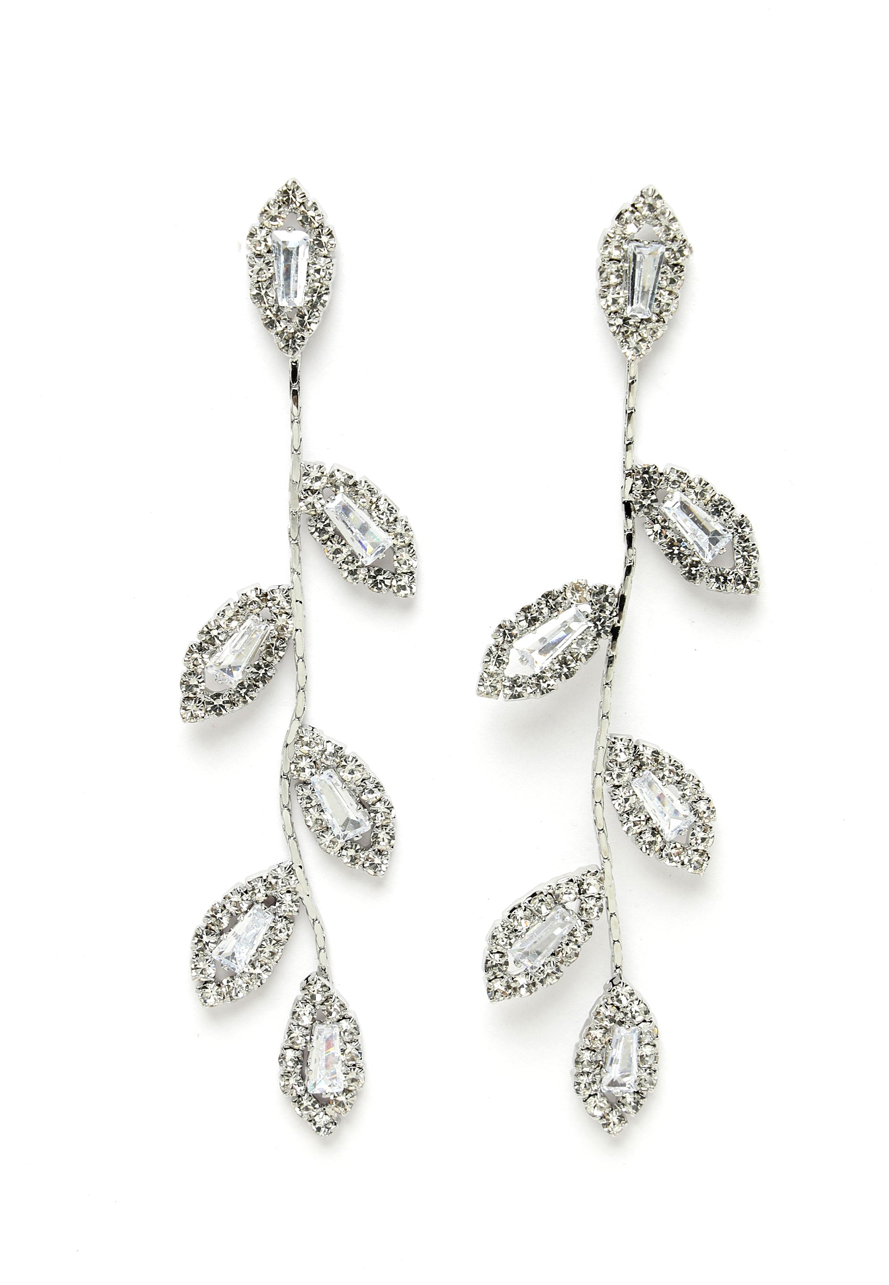 Silver-Colored Crystal Leaf Drop Earrings