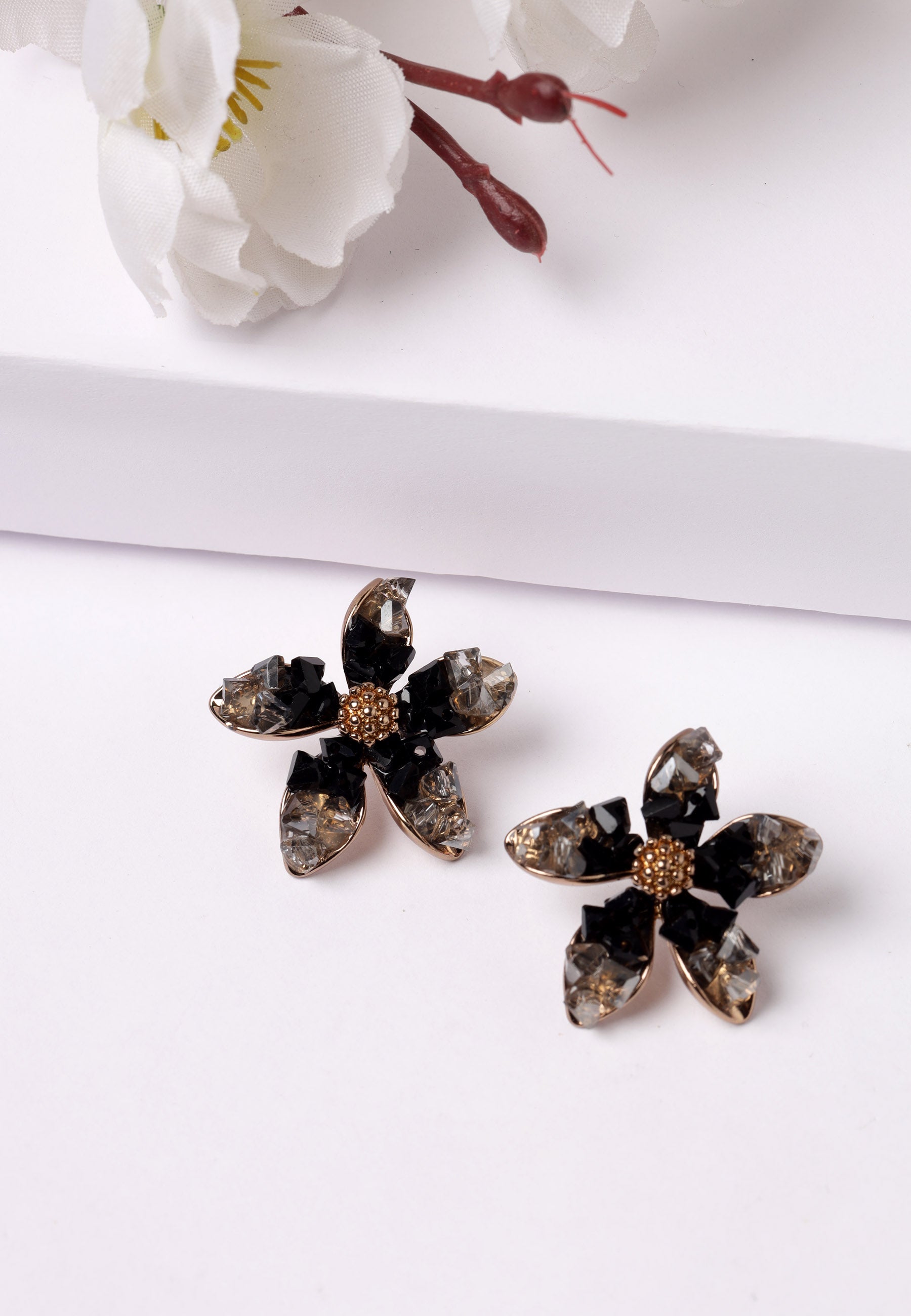 Avant-Garde Paris Glittering White Crystal Flower Stud Earrings
