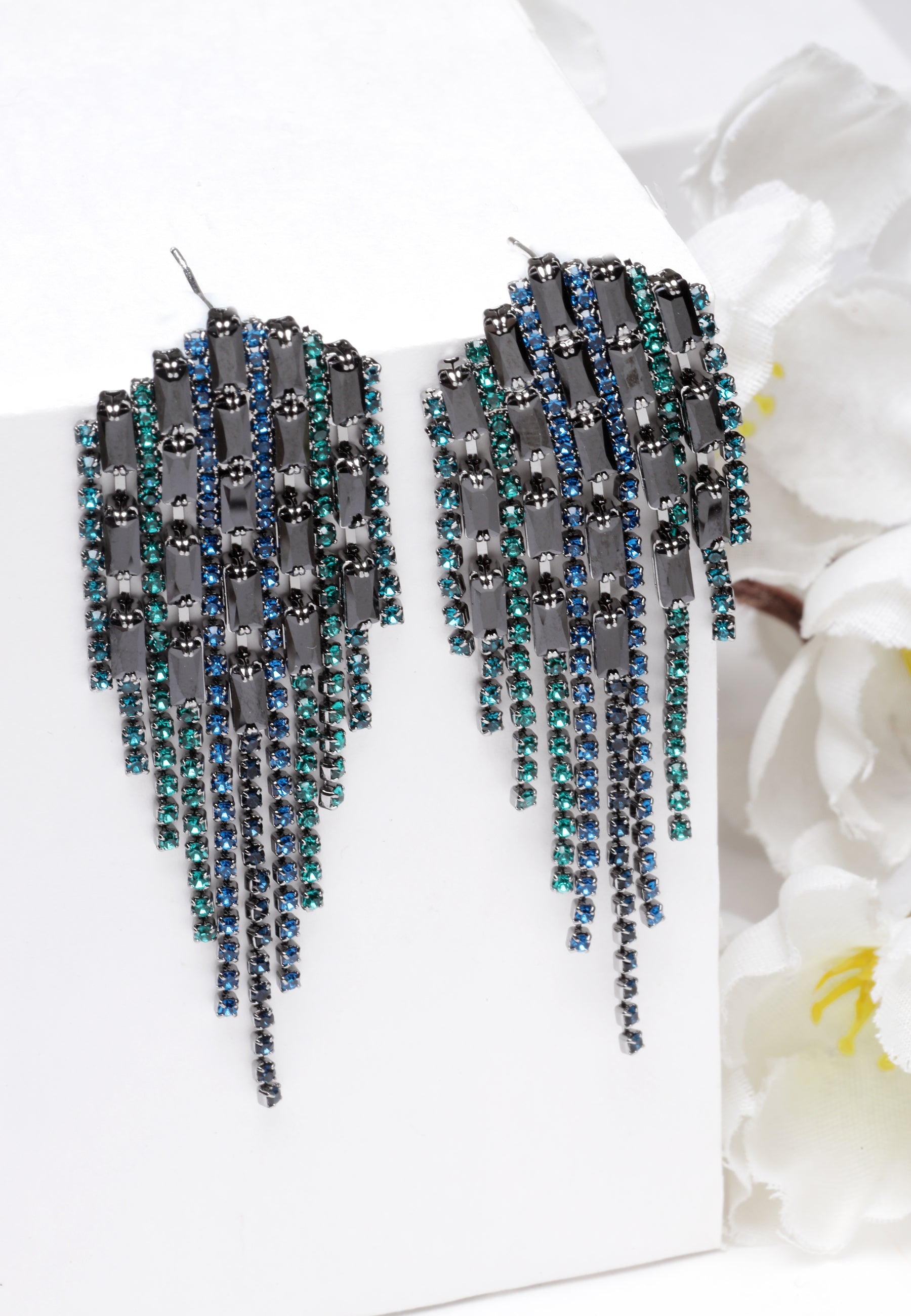 Crystal Studded Dangler Earrings In Blue