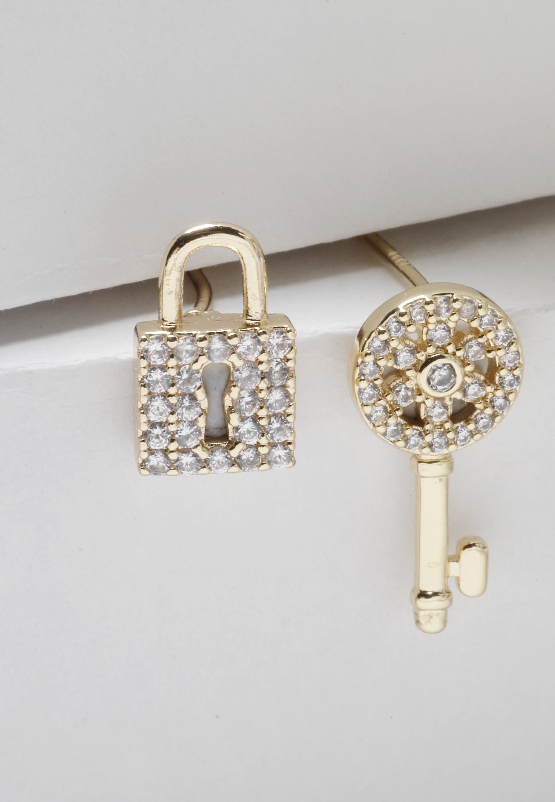 Gold-Plated Padlock And Key Stud Earrings