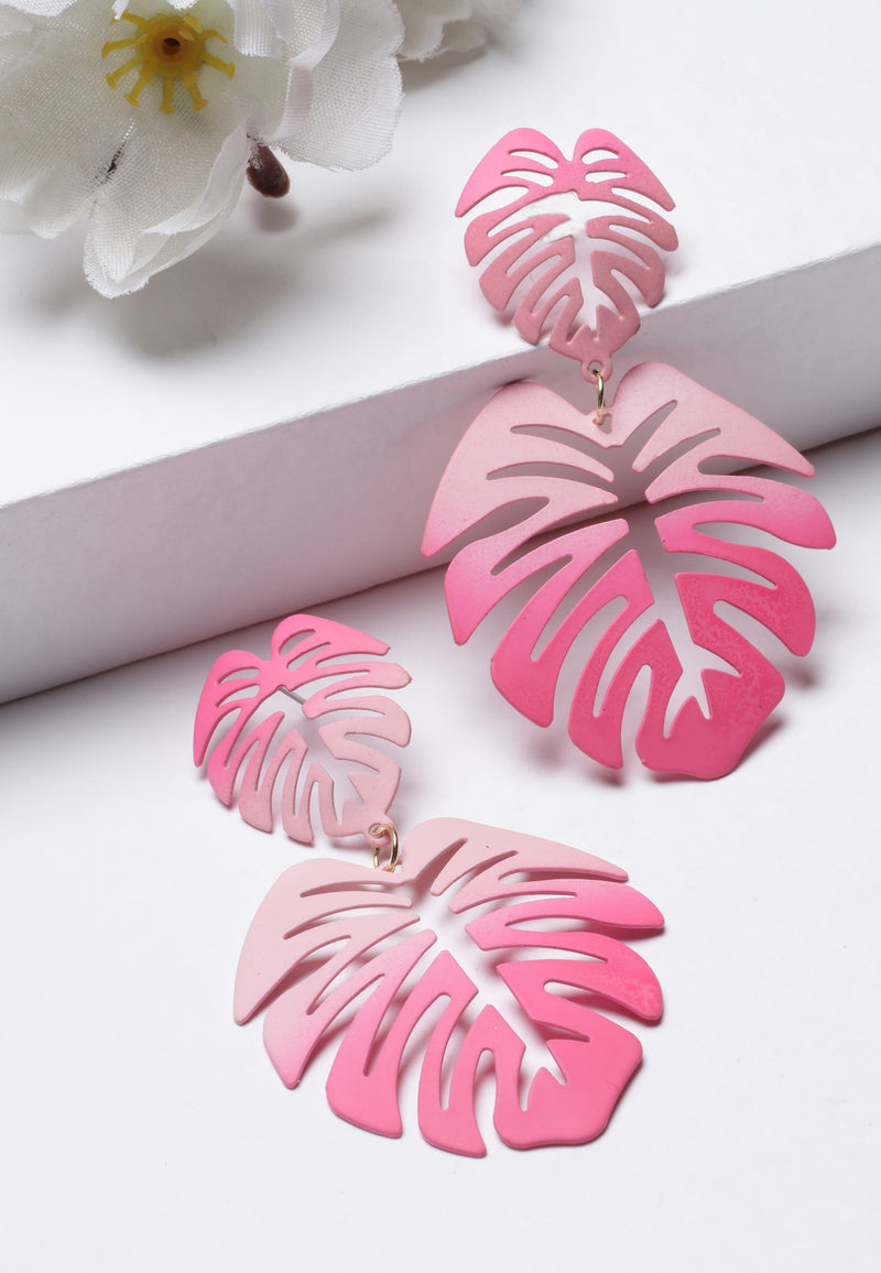 Boucles d'oreilles pendantes en forme de feuille de palmier rose