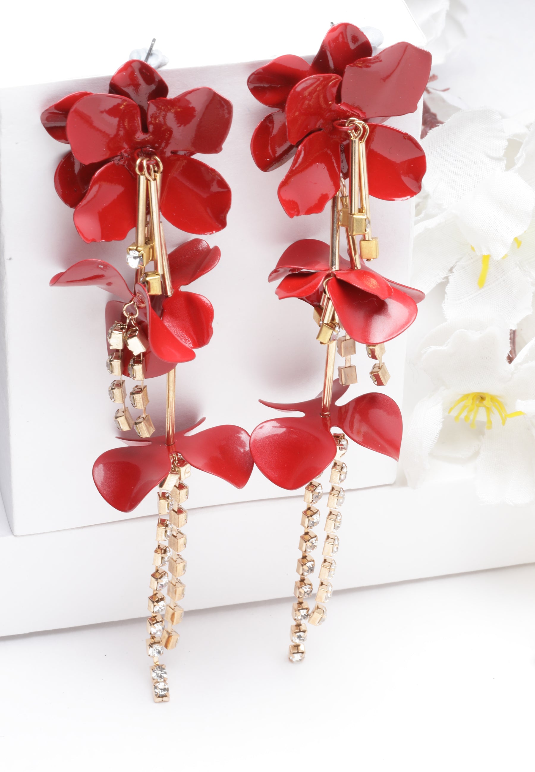 Long Red Floral Earrings