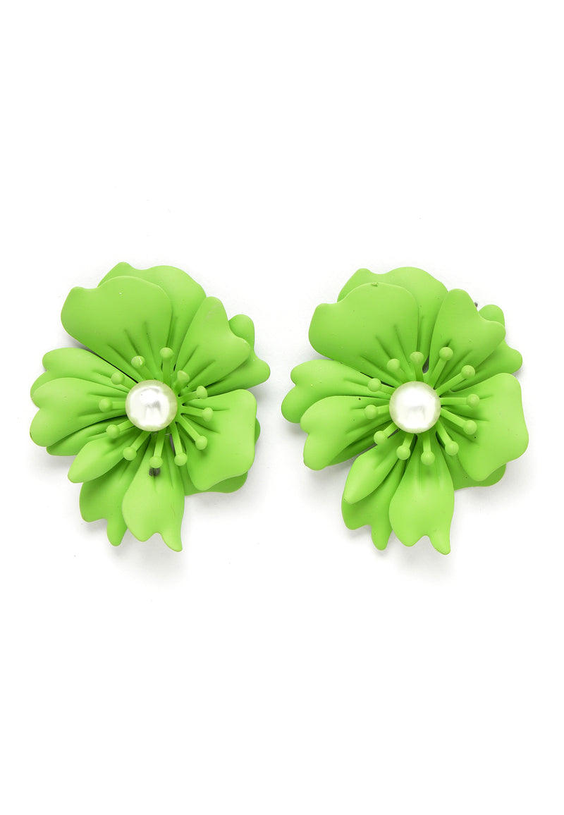Floral Pearl Stud Earrings In Matcha Green