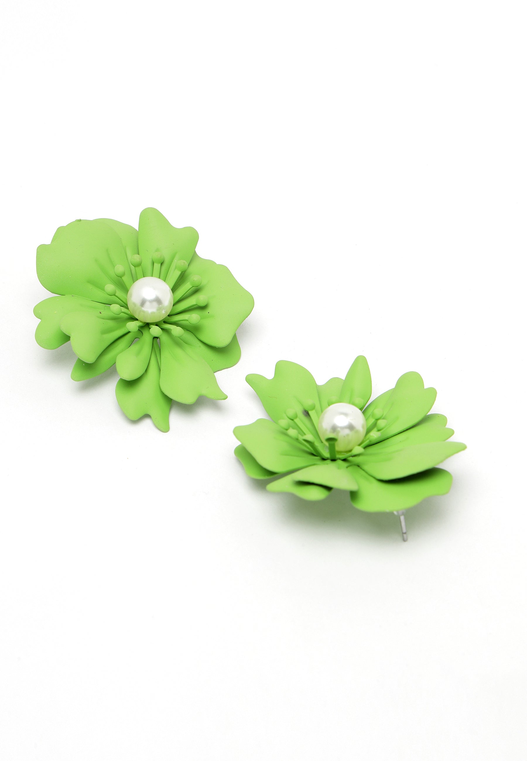 Floral Pearl Stud Earrings In Matcha Green