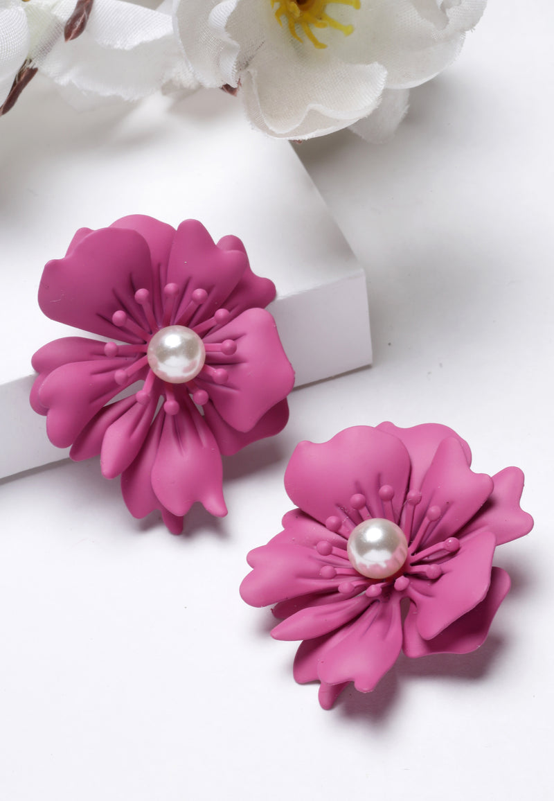 Floral Pearl Stud Earrings In Mottled Pink