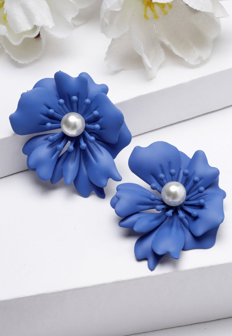 Floral Pearl Stud Earrings In Blue