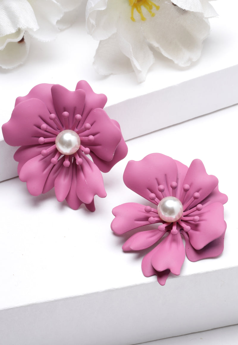 Floral Pearl Stud Earrings In Dark Pink