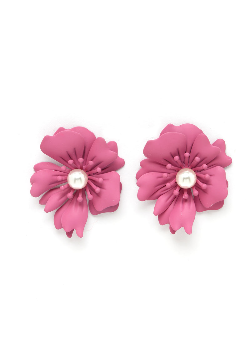 Boucles d'oreilles à tige en perles florales rose foncé