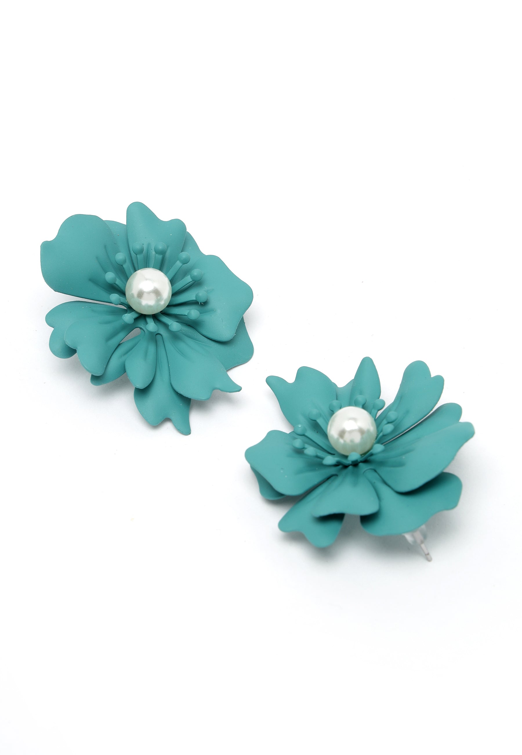Avant-Garde Paris Floral Pearl Stud Earrings In Dark Green