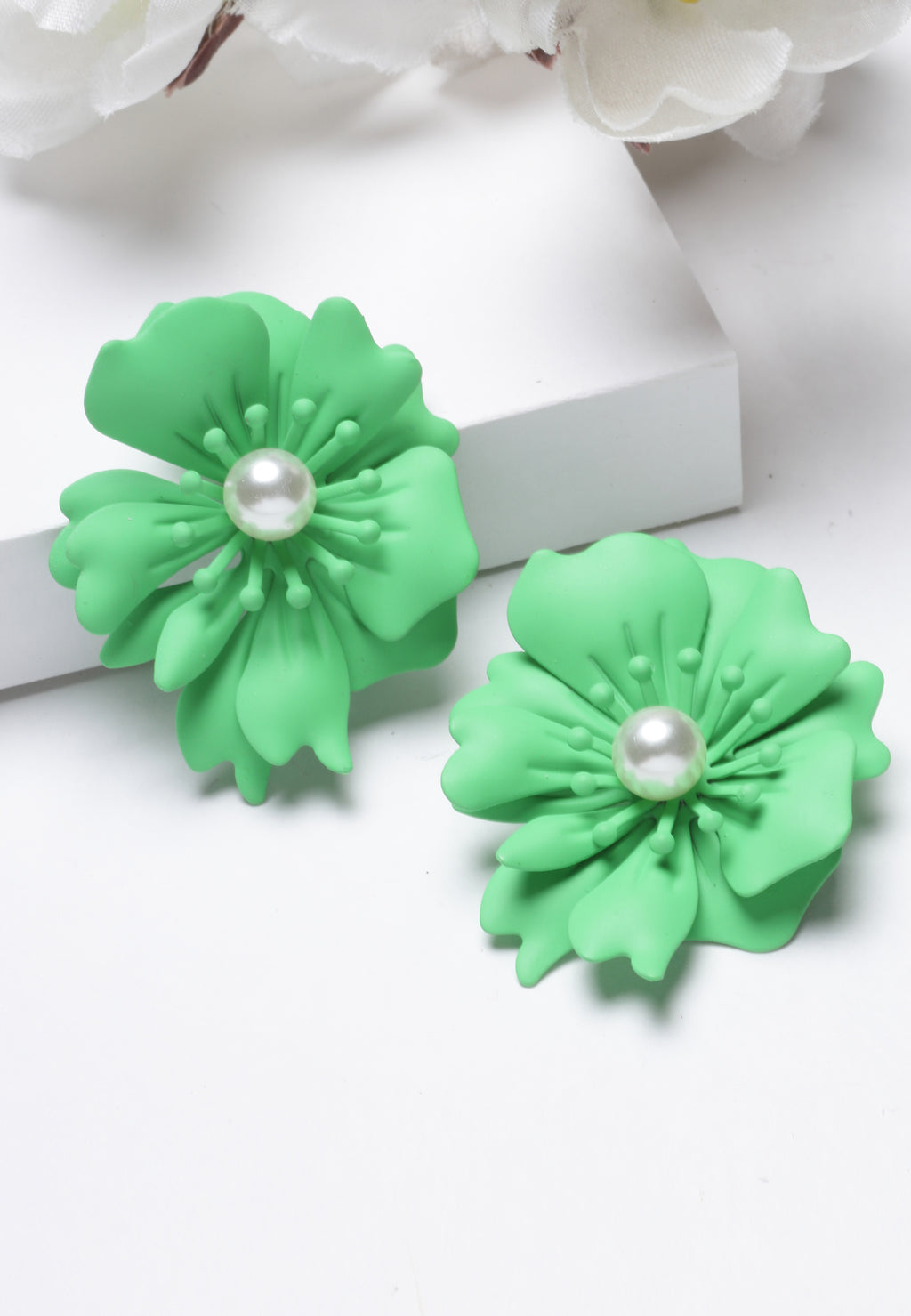 Floral Pearl Stud Earrings In Green