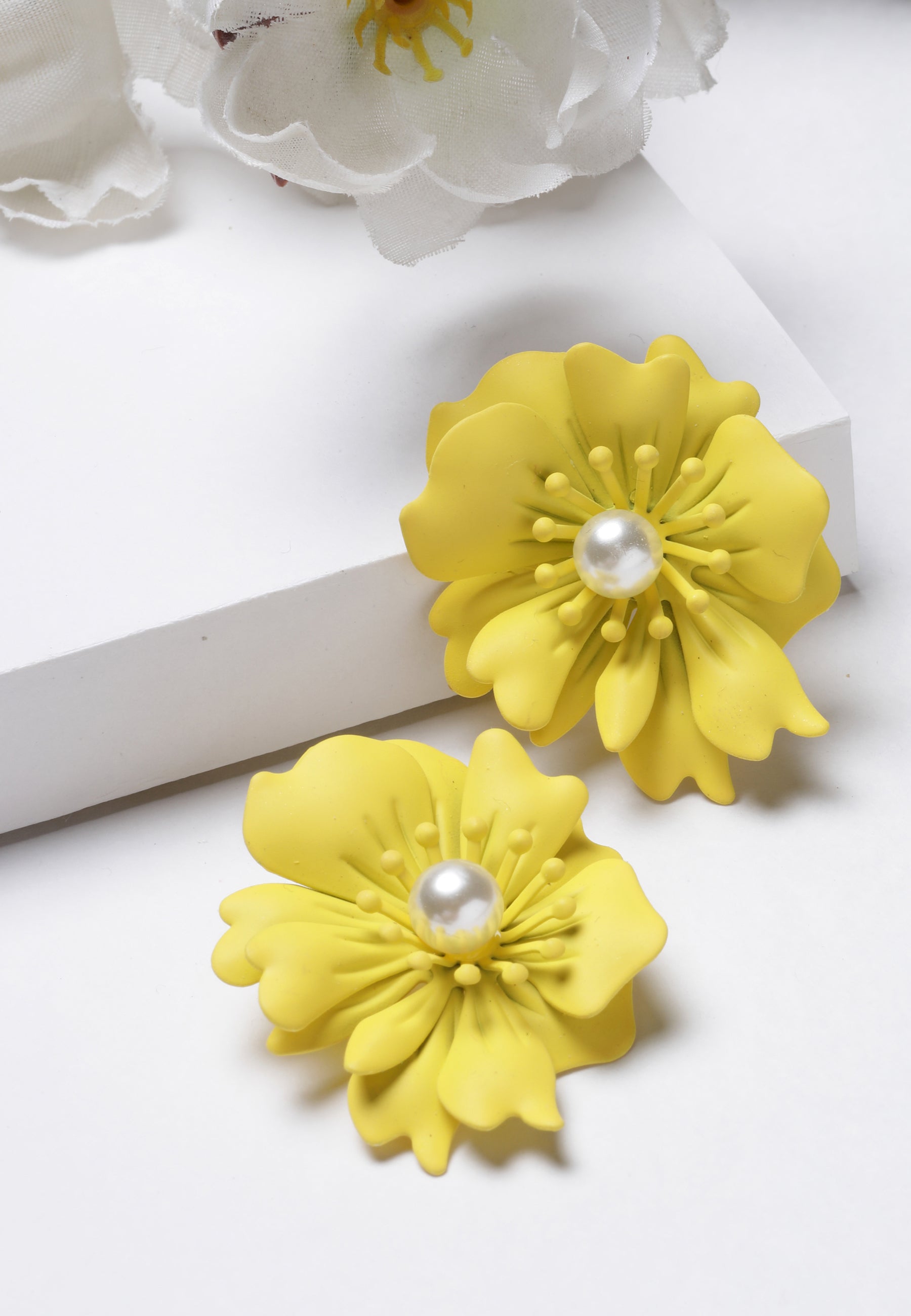 Floral Pearl Stud Earrings In Yellow