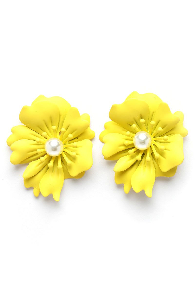 Floral Pearl Stud Earrings In Yellow