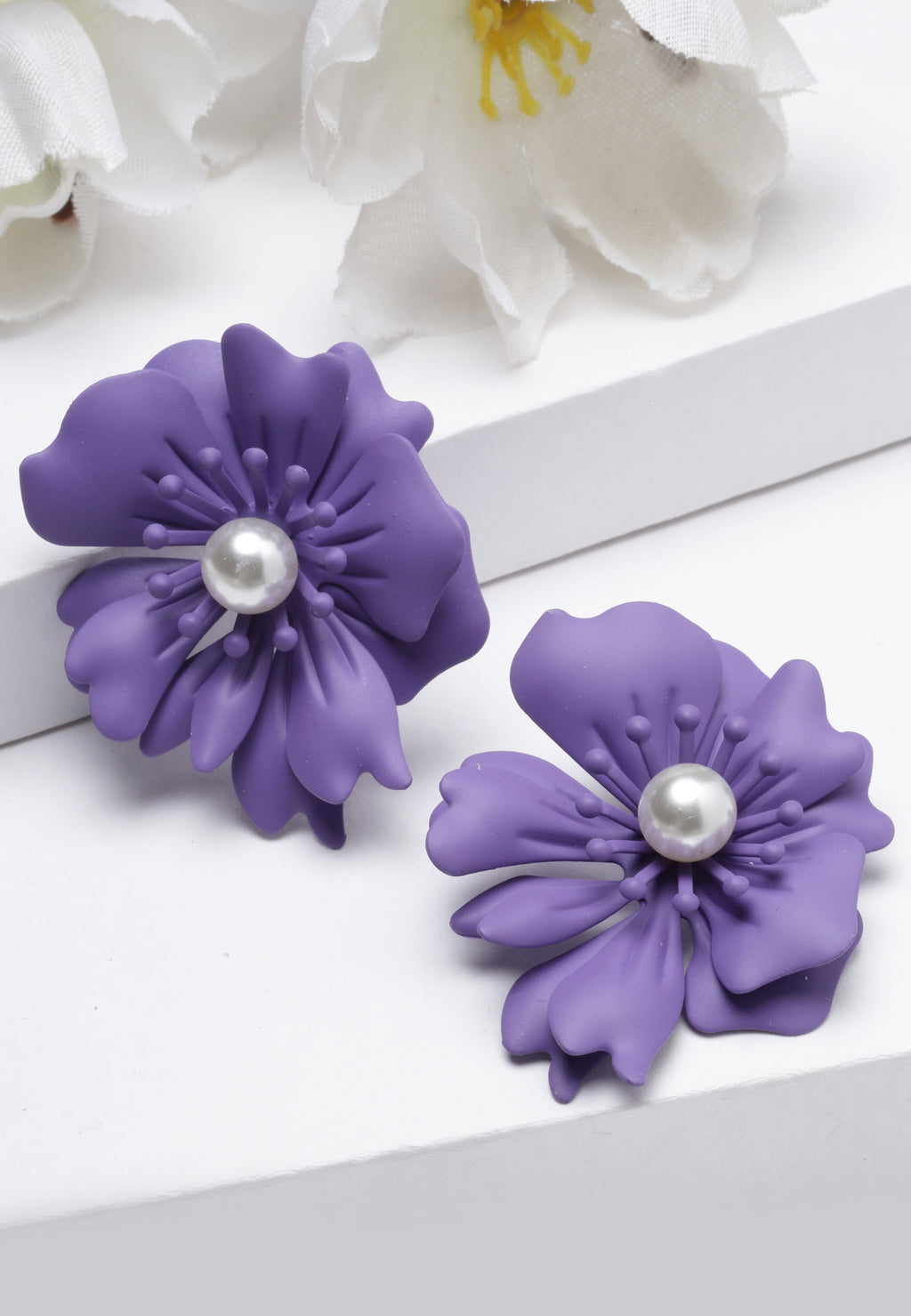 Floral Pearl Stud Earrings In Violet