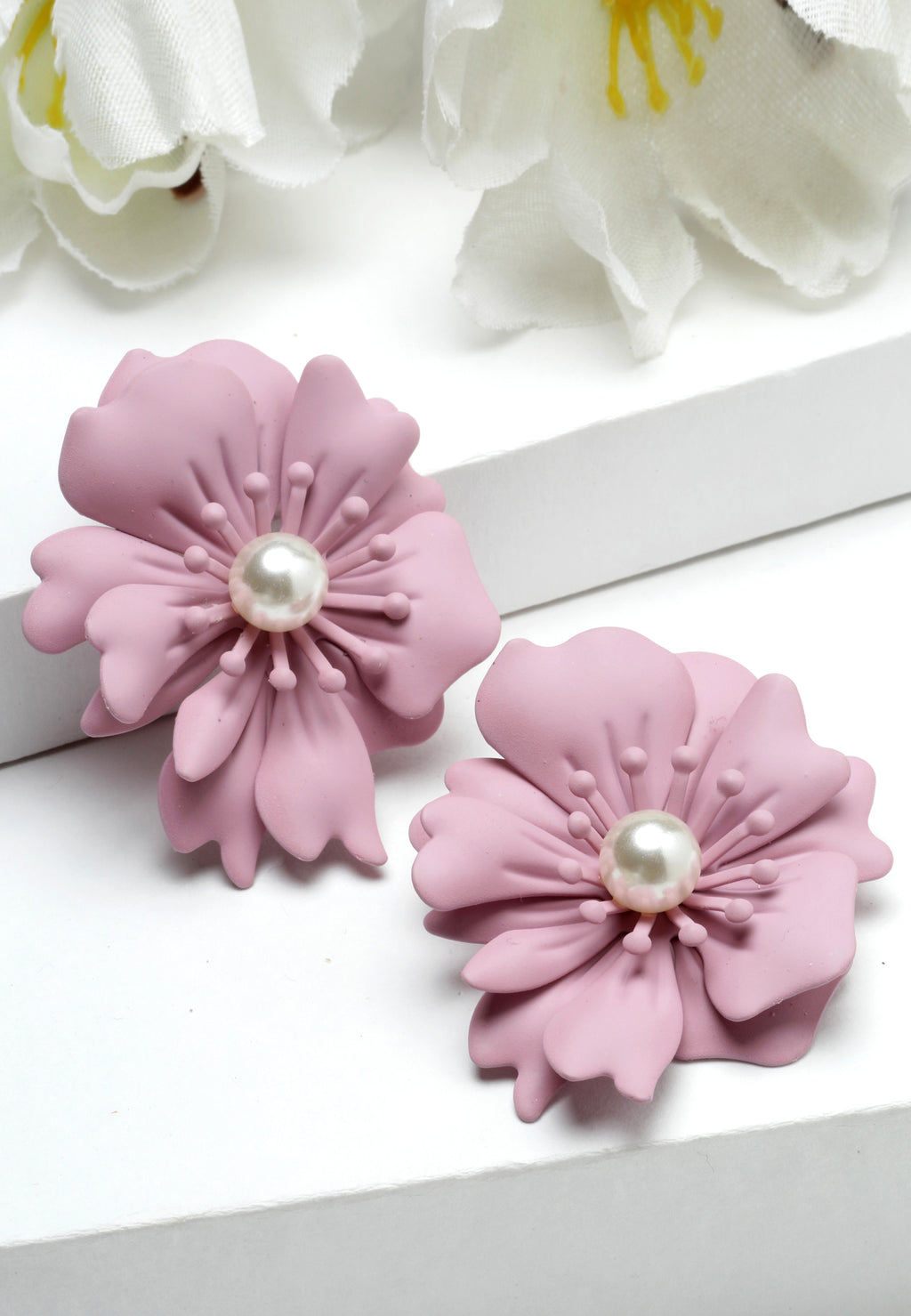 Floral Pearl Stud Earrings In Light Pink