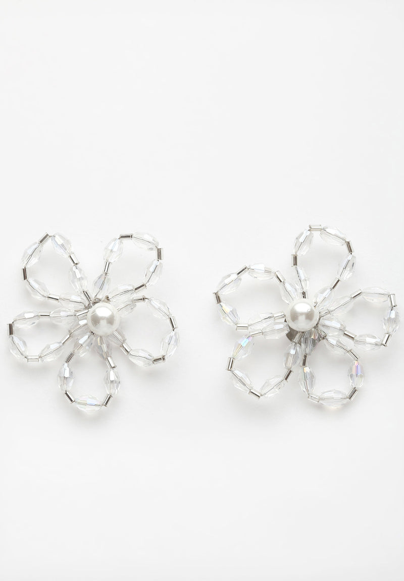 White Floral Crystal Stud Earrings