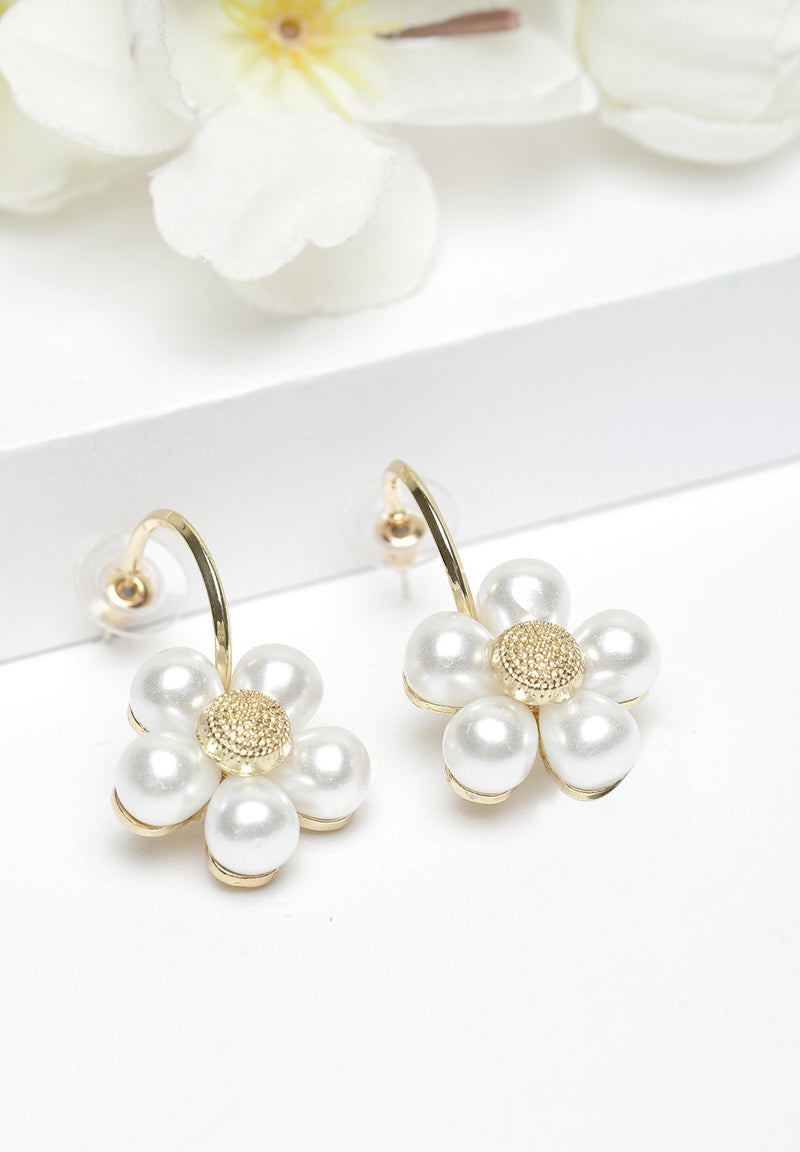 Gold Floral Pearl Hanging Earrings