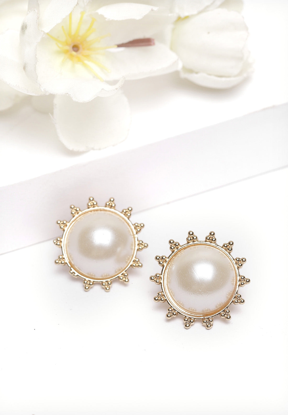 Gold Round Pearl Stud Earrings