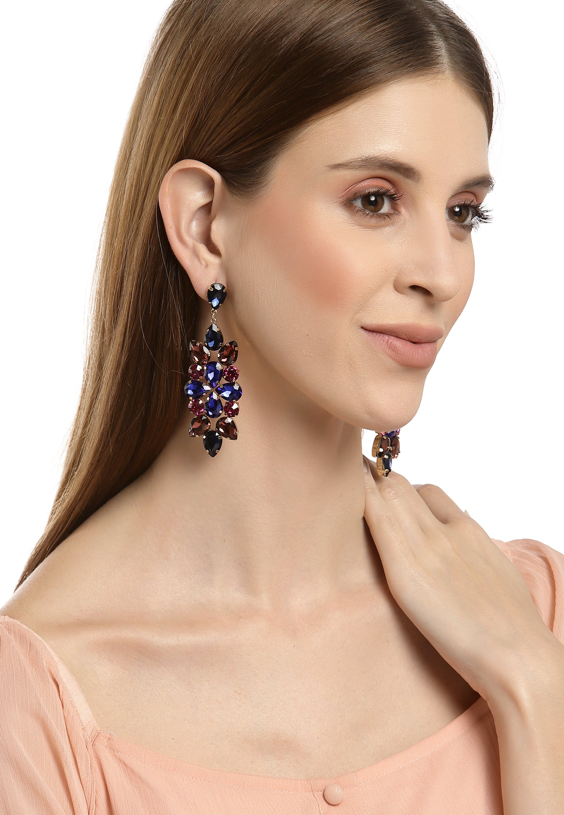 Boucles d'oreilles pendantes avec cristaux floraux en bleu