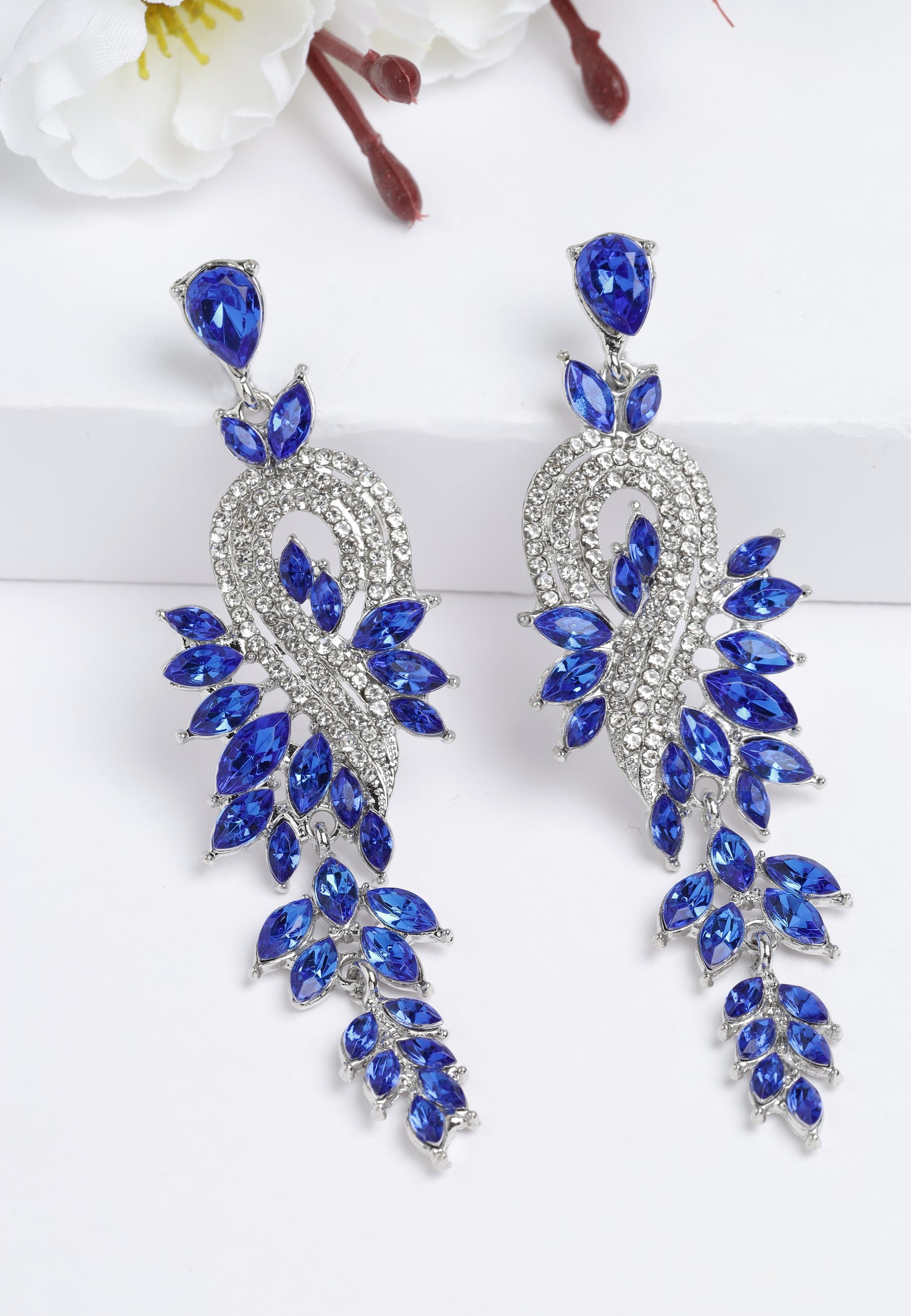 Blue Crystal Leaf Earrings