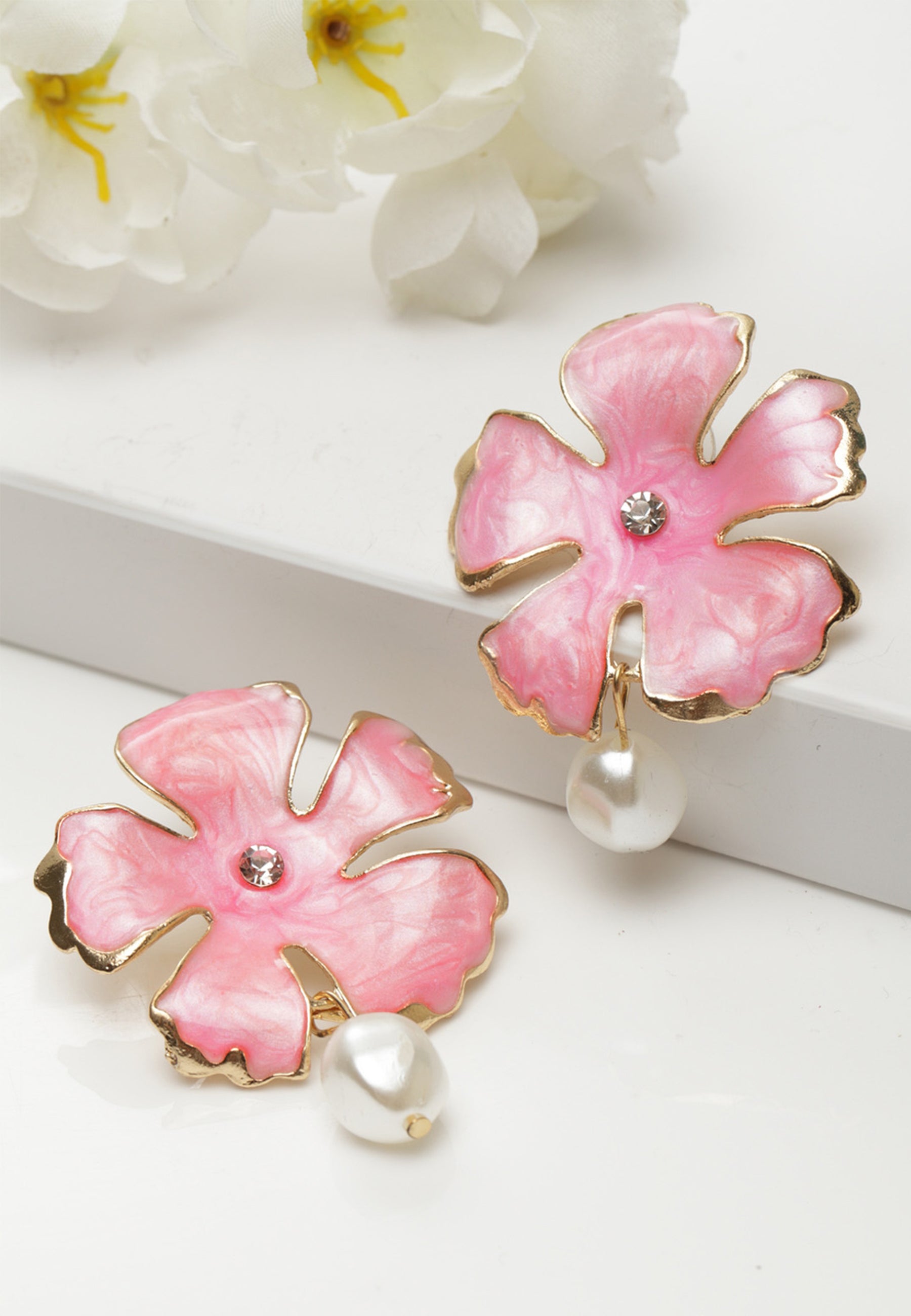 Avant-Garde Paris Statement Bohemian Summer Cute Pink Pearl Flower Stud Earrings
