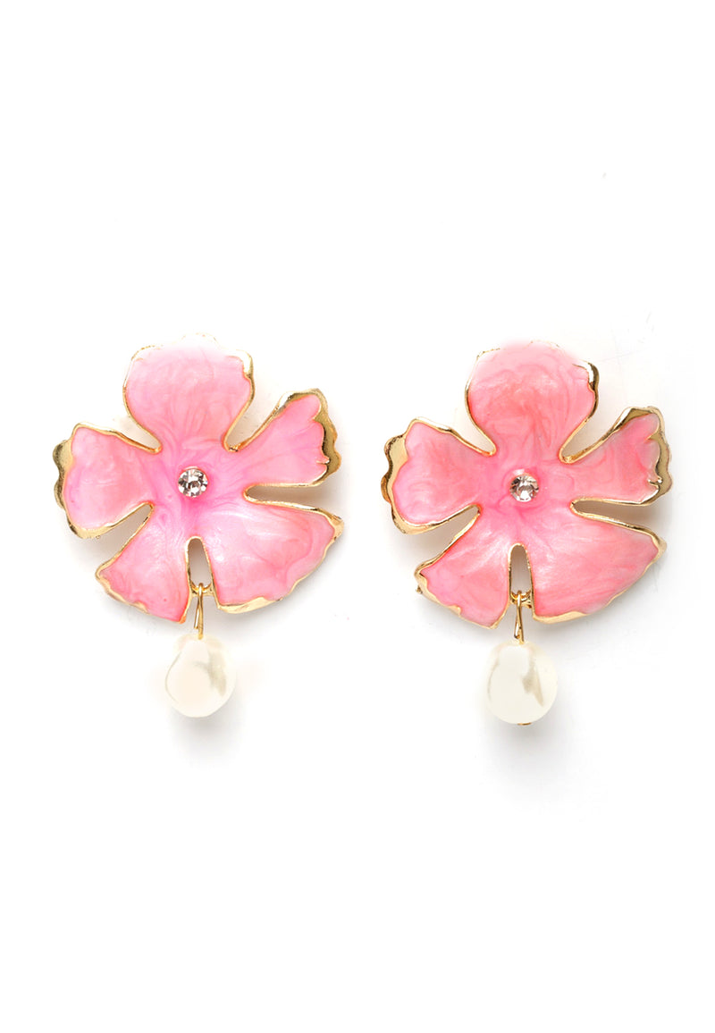 Bohemian Pink Pearl Flower Stud Earrings