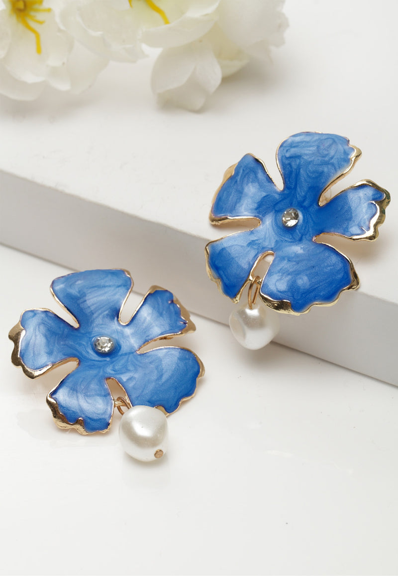 Bohemian Blue Pearl Flower Stud Earrings