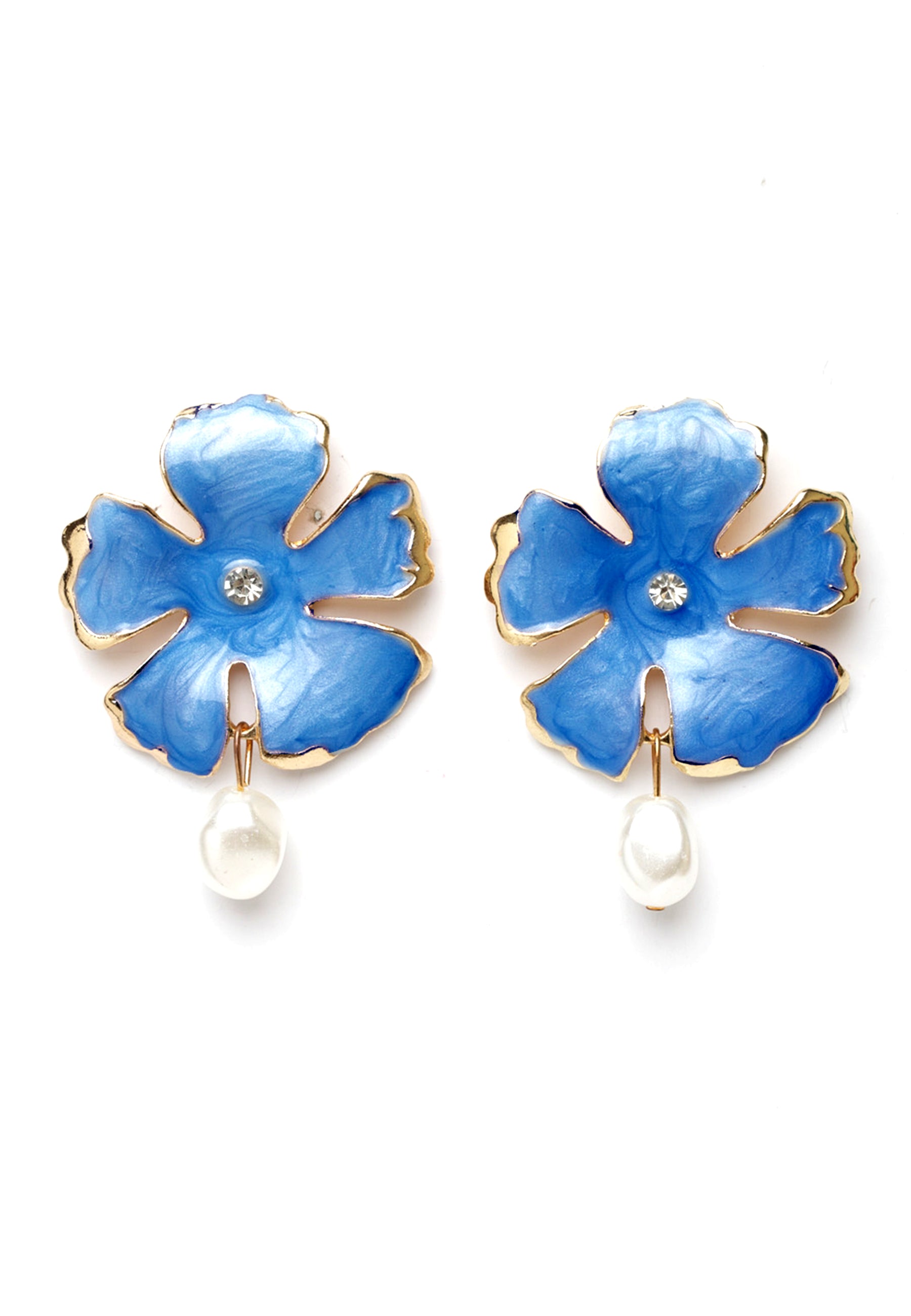 Avant-Garde Paris Statement Bohemian Summer Cute Blue Pearl Flower Stud Earrings